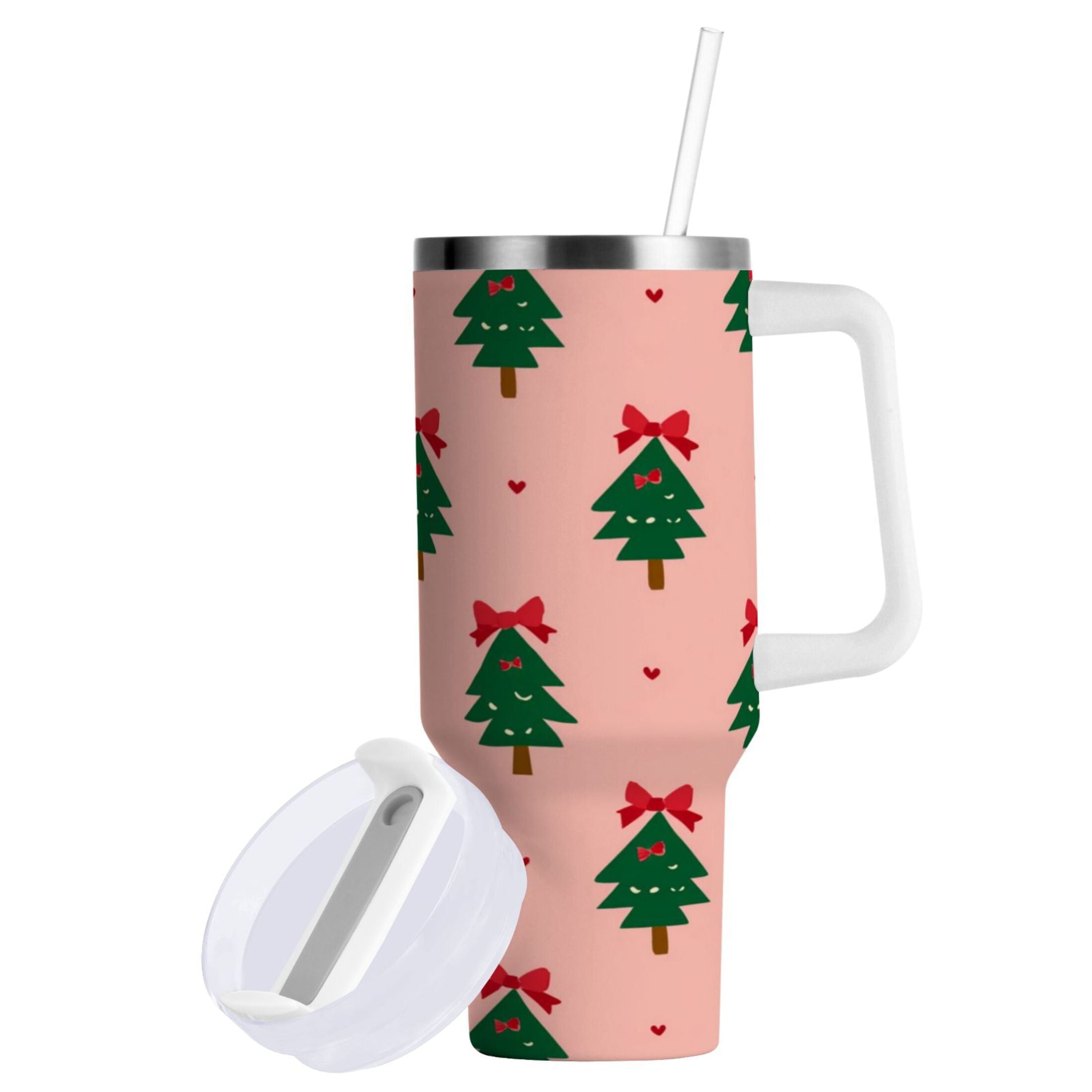 40 oz Insulated Stainless Steel Tumbler Double Wall Stainless Steel Tumbler with 2-Way Drinking Green Trees and Red Bows - Choice 881