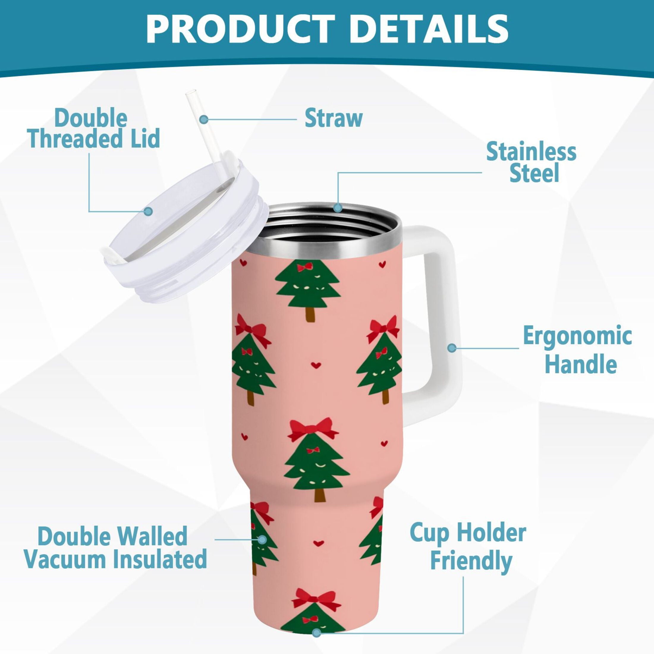 40 oz Insulated Stainless Steel Tumbler Double Wall Stainless Steel Tumbler with 2-Way Drinking Green Trees and Red Bows - Choice 881