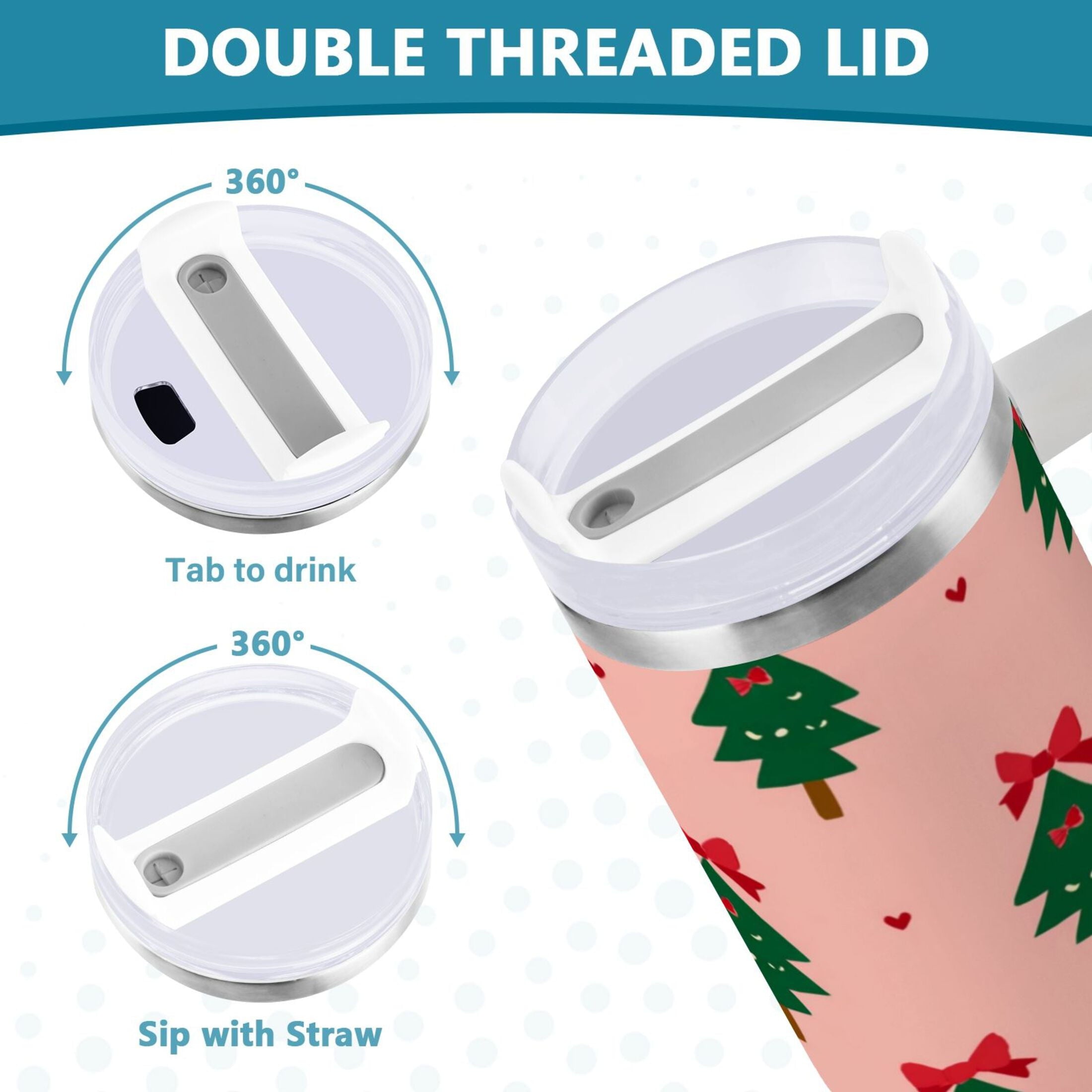 40 oz Insulated Stainless Steel Tumbler Double Wall Stainless Steel Tumbler with 2-Way Drinking Green Trees and Red Bows - Choice 881