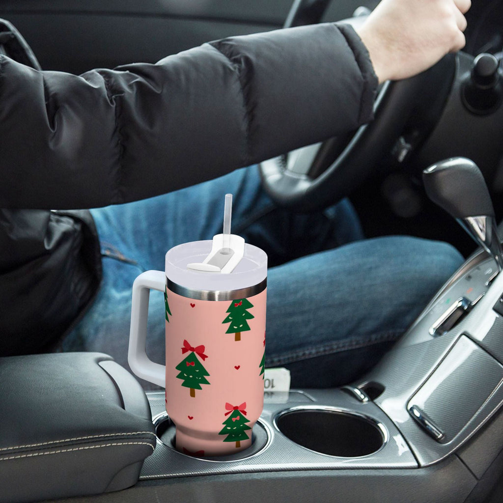 40 oz Insulated Stainless Steel Tumbler Double Wall Stainless Steel Tumbler with 2-Way Drinking Green Trees and Red Bows - Choice 881