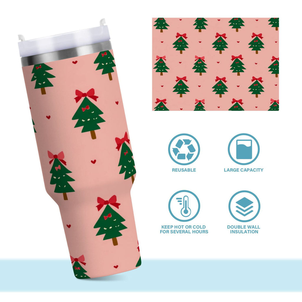 40 oz Insulated Stainless Steel Tumbler Double Wall Stainless Steel Tumbler with 2-Way Drinking Green Trees and Red Bows - Choice 881