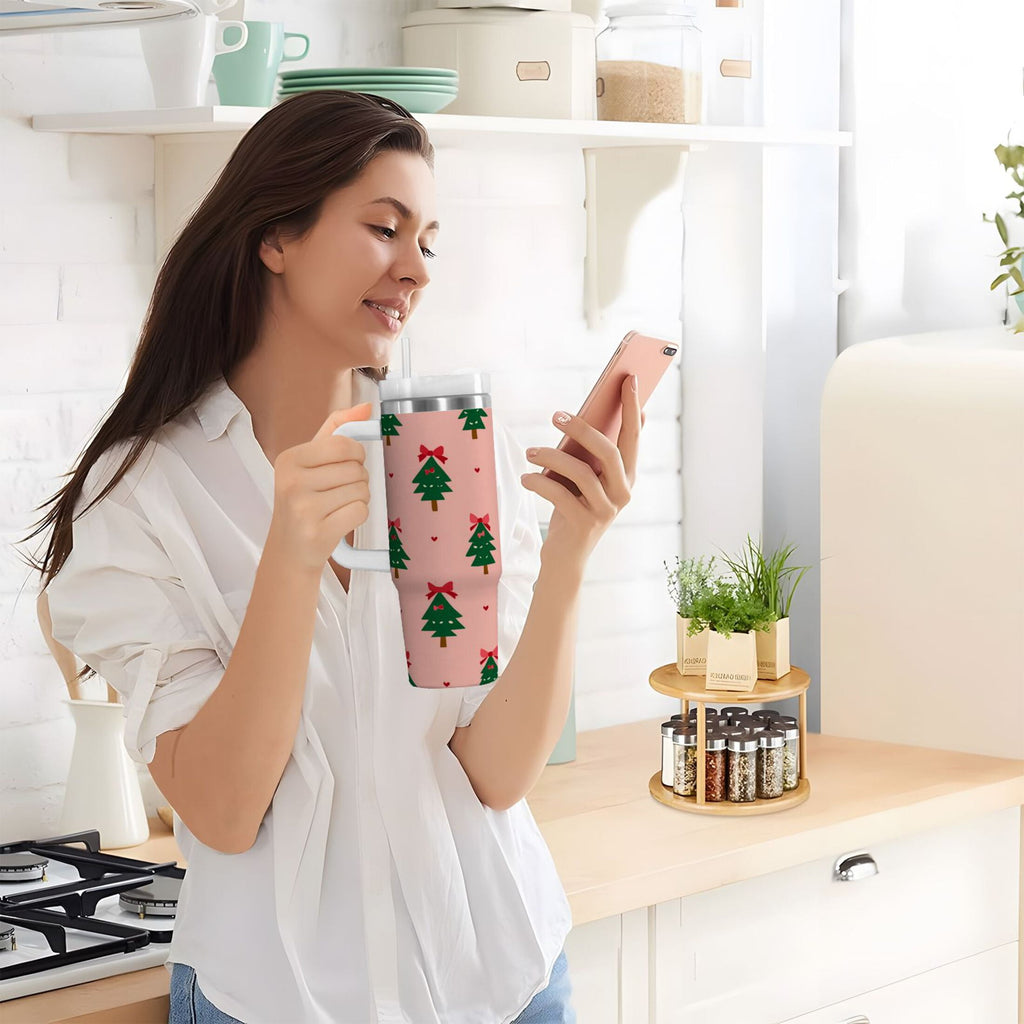 40 oz Insulated Stainless Steel Tumbler Double Wall Stainless Steel Tumbler with 2-Way Drinking Green Trees and Red Bows - Choice 881