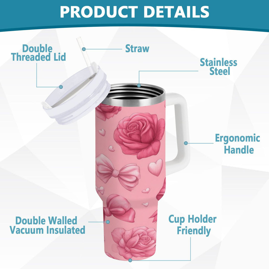 40 oz Insulated Stainless Steel Tumbler Double Wall Stainless Steel Tumbler with 2-Way Drinking Roses and Bows Pattern - Choice 865