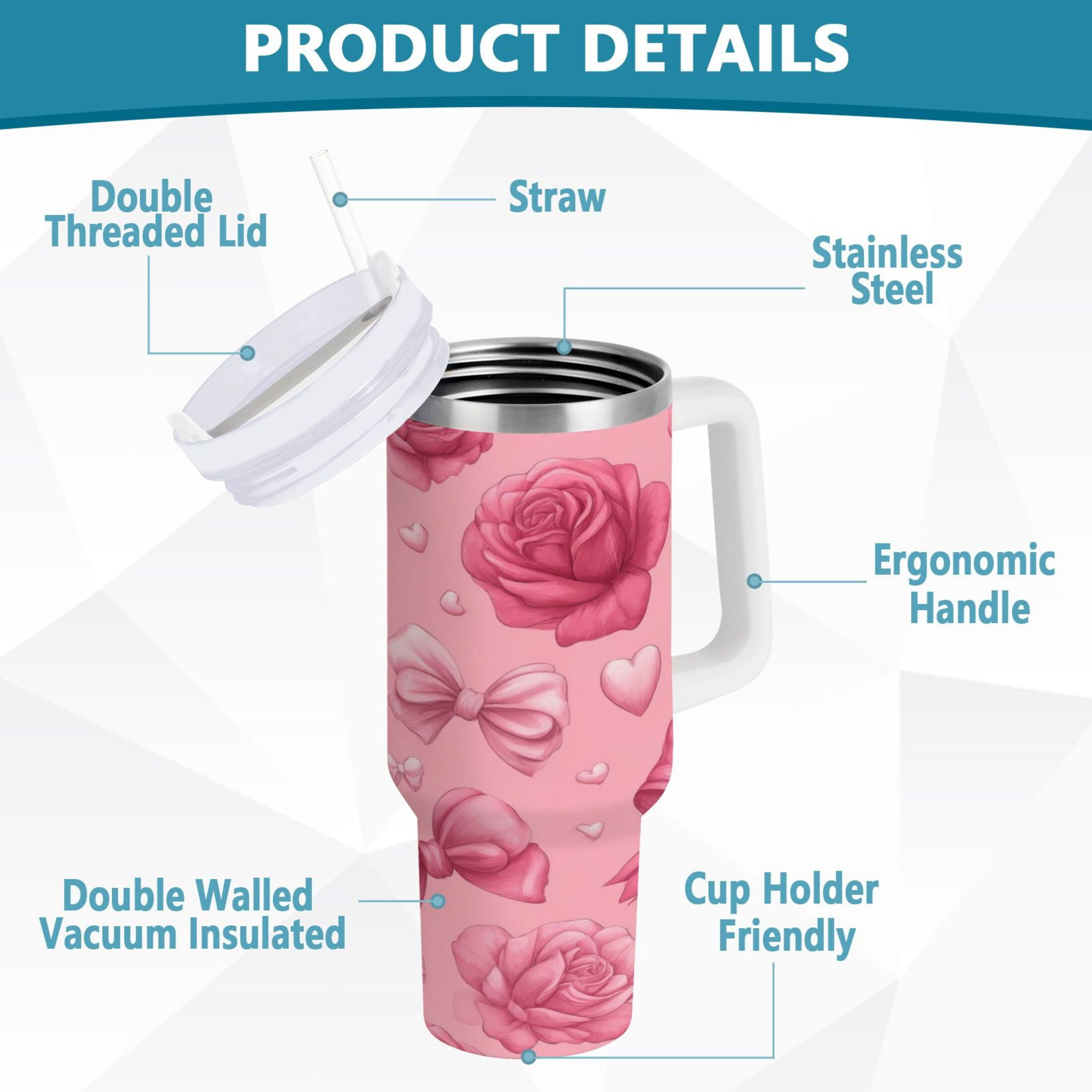 40 oz Insulated Stainless Steel Tumbler Double Wall Stainless Steel Tumbler with 2-Way Drinking Roses and Bows Pattern - Choice 865