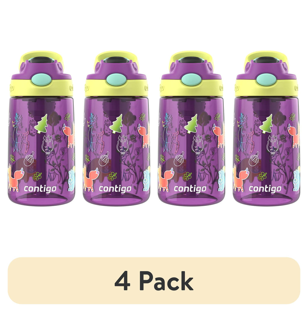 (4 pack) Contigo Kids Water Bottle with Redesigned AUTOSPOUT Straw, 14 oz, Grape Forest Haven - Choice 192