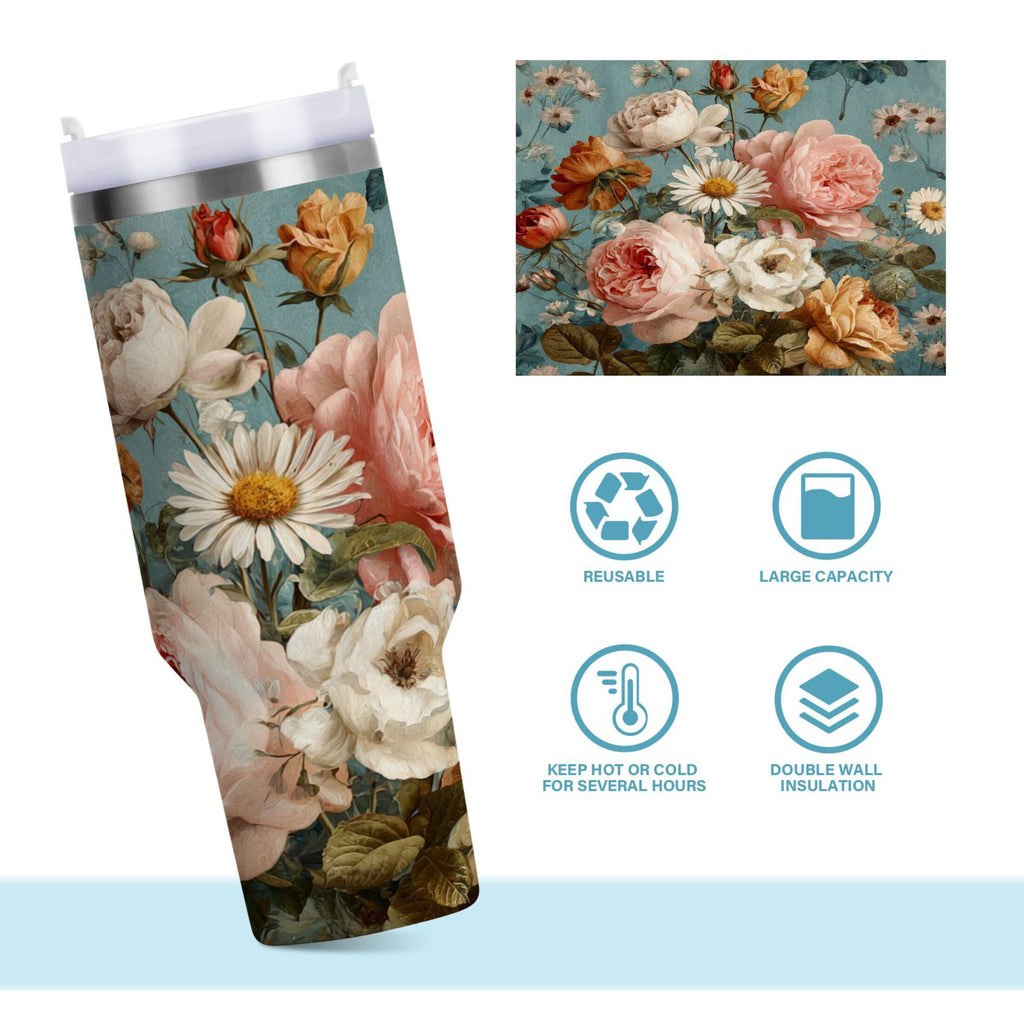 30 oz Insulated Stainless Steel Tumbler Double Wall Stainless Steel Tumbler with 2-Way Drinking Vintage Roses and Peonies - Choice 710