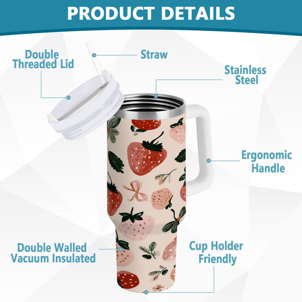 30 oz Insulated Stainless Steel Tumbler Double Wall Stainless Steel Tumbler with 2-Way Drinking Cute Pinks Strawberries - Choice 489