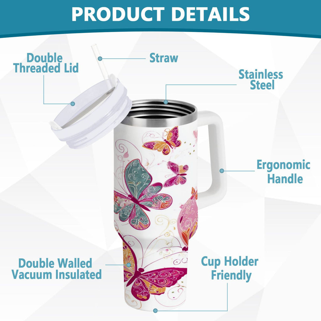 30 oz Insulated Stainless Steel Tumbler Double Wall Stainless Steel Tumbler with 2-Way Drinking Colorful Butterflies - Choice 575
