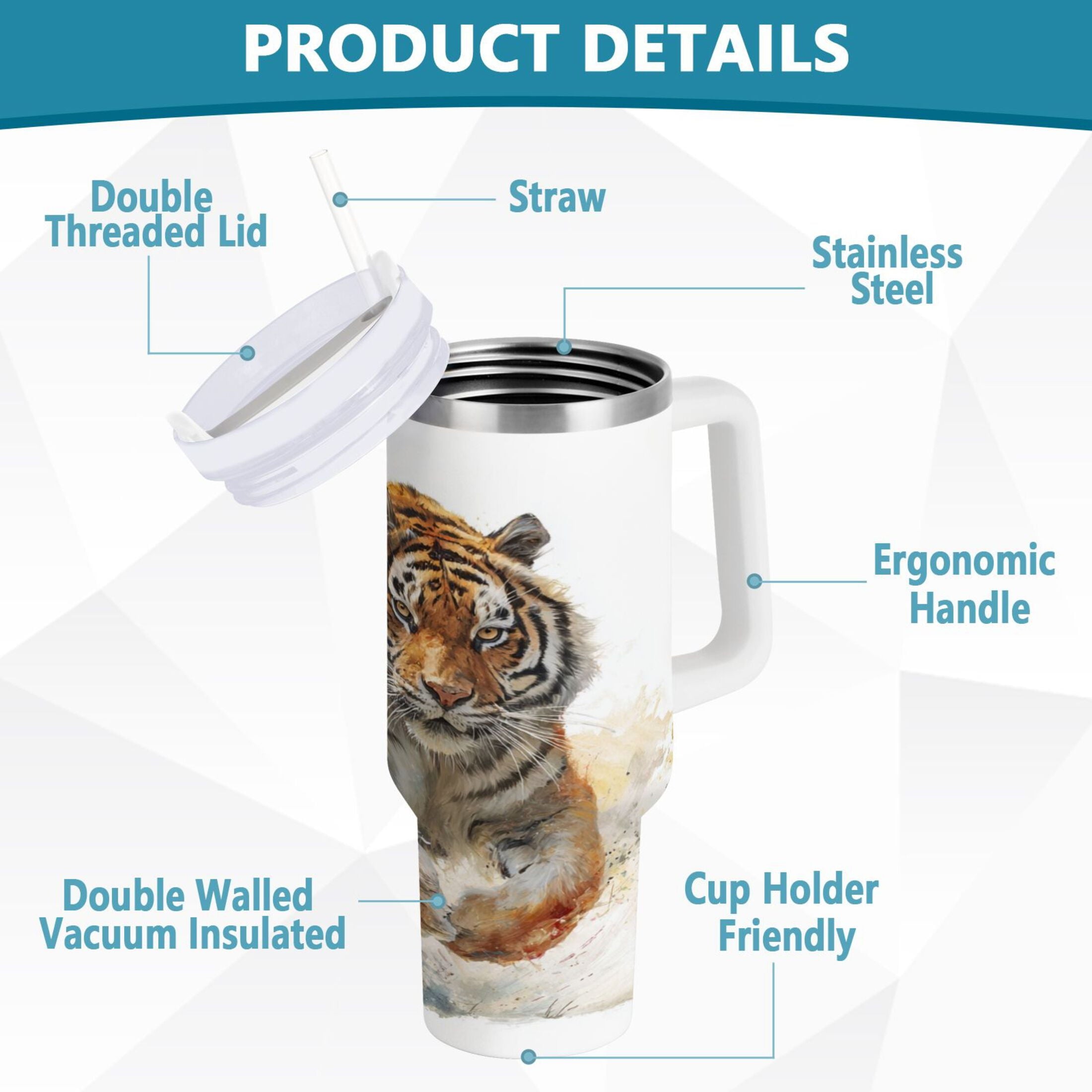 30 oz Insulated Stainless Steel Tumbler Double Wall Stainless Steel Tumbler with 2-Way Drinking Tiger in Action - Choice 340