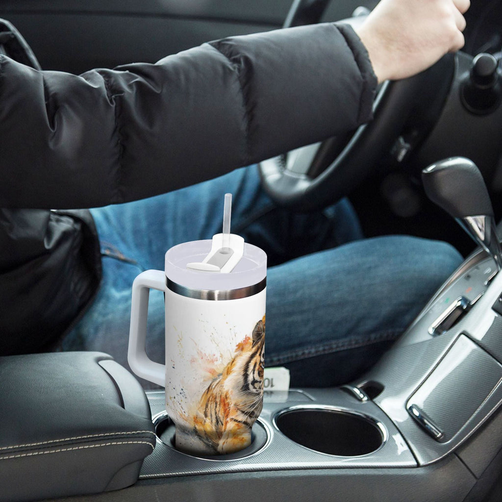 30 oz Insulated Stainless Steel Tumbler Double Wall Stainless Steel Tumbler with 2-Way Drinking Tiger in Action - Choice 340