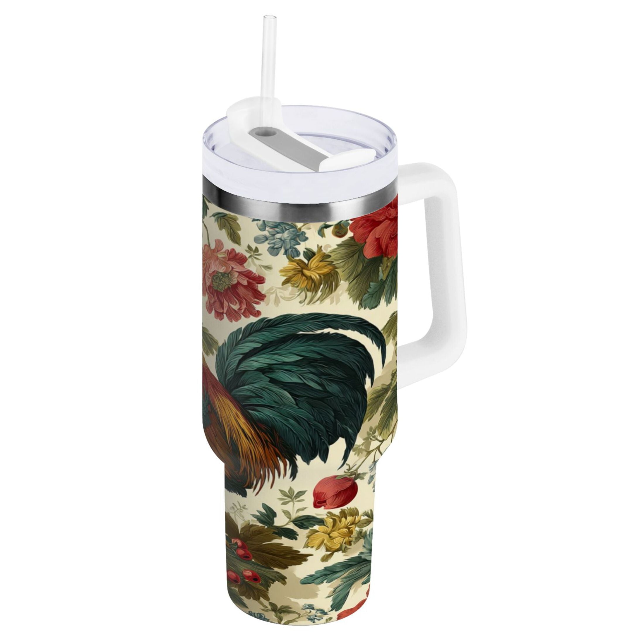 40 oz Insulated Stainless Steel Tumbler Double Wall Stainless Steel Tumbler with 2-Way Drinking Rooster and Vintage Floral - Choice 640