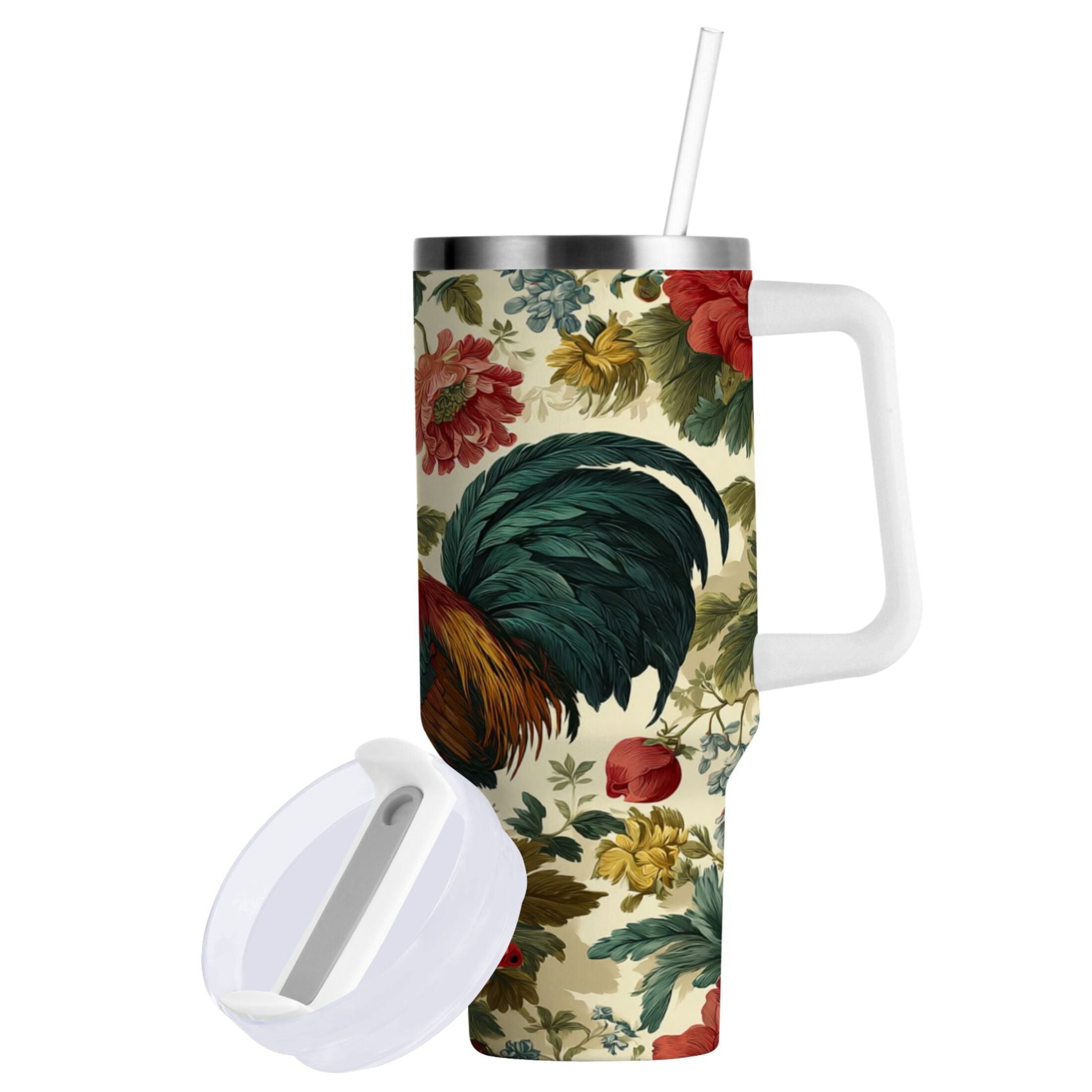 40 oz Insulated Stainless Steel Tumbler Double Wall Stainless Steel Tumbler with 2-Way Drinking Rooster and Vintage Floral - Choice 640