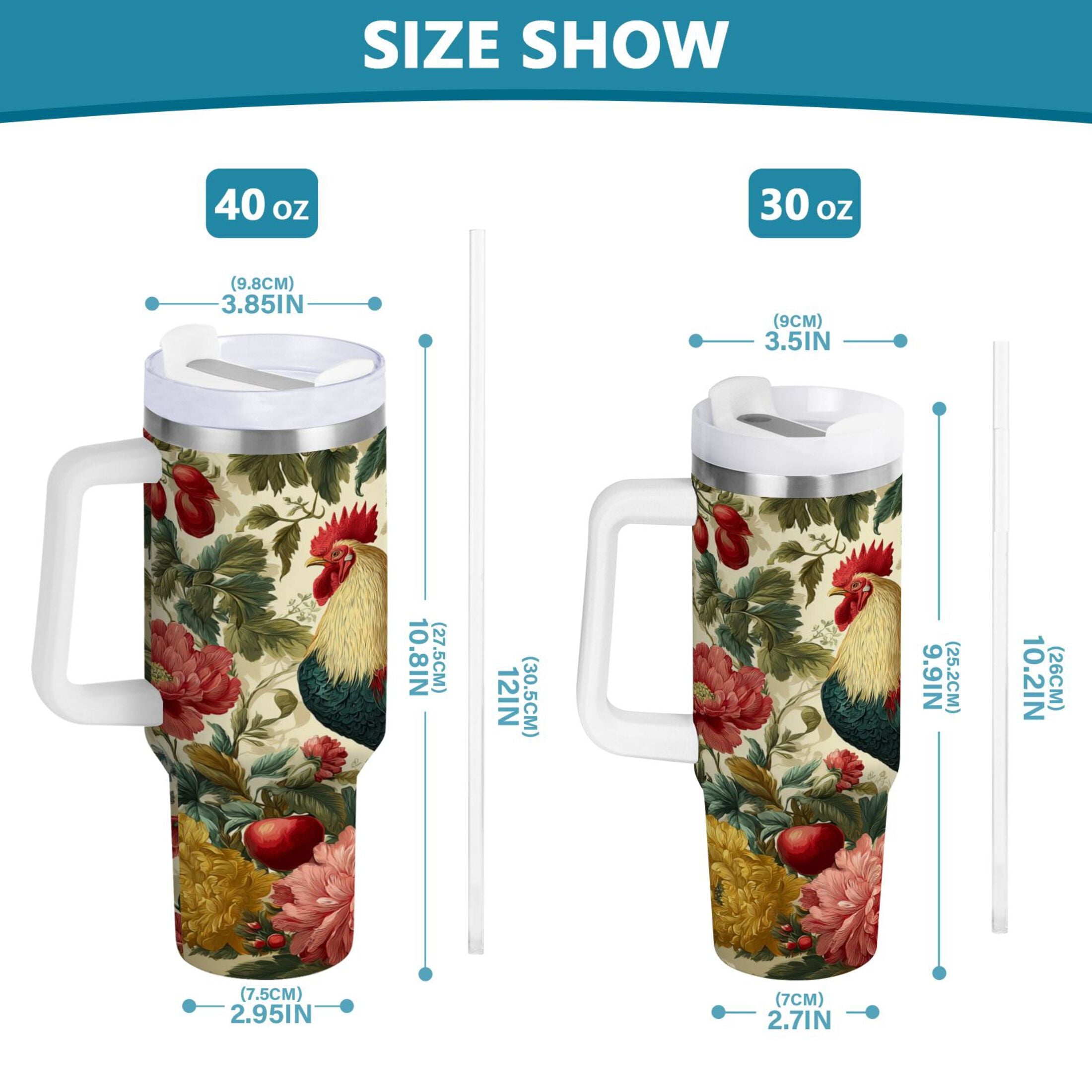 40 oz Insulated Stainless Steel Tumbler Double Wall Stainless Steel Tumbler with 2-Way Drinking Rooster and Vintage Floral - Choice 640