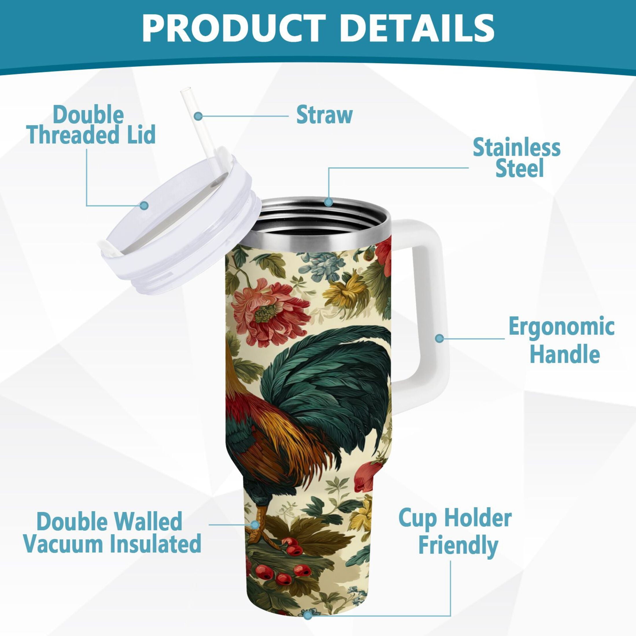 40 oz Insulated Stainless Steel Tumbler Double Wall Stainless Steel Tumbler with 2-Way Drinking Rooster and Vintage Floral - Choice 640