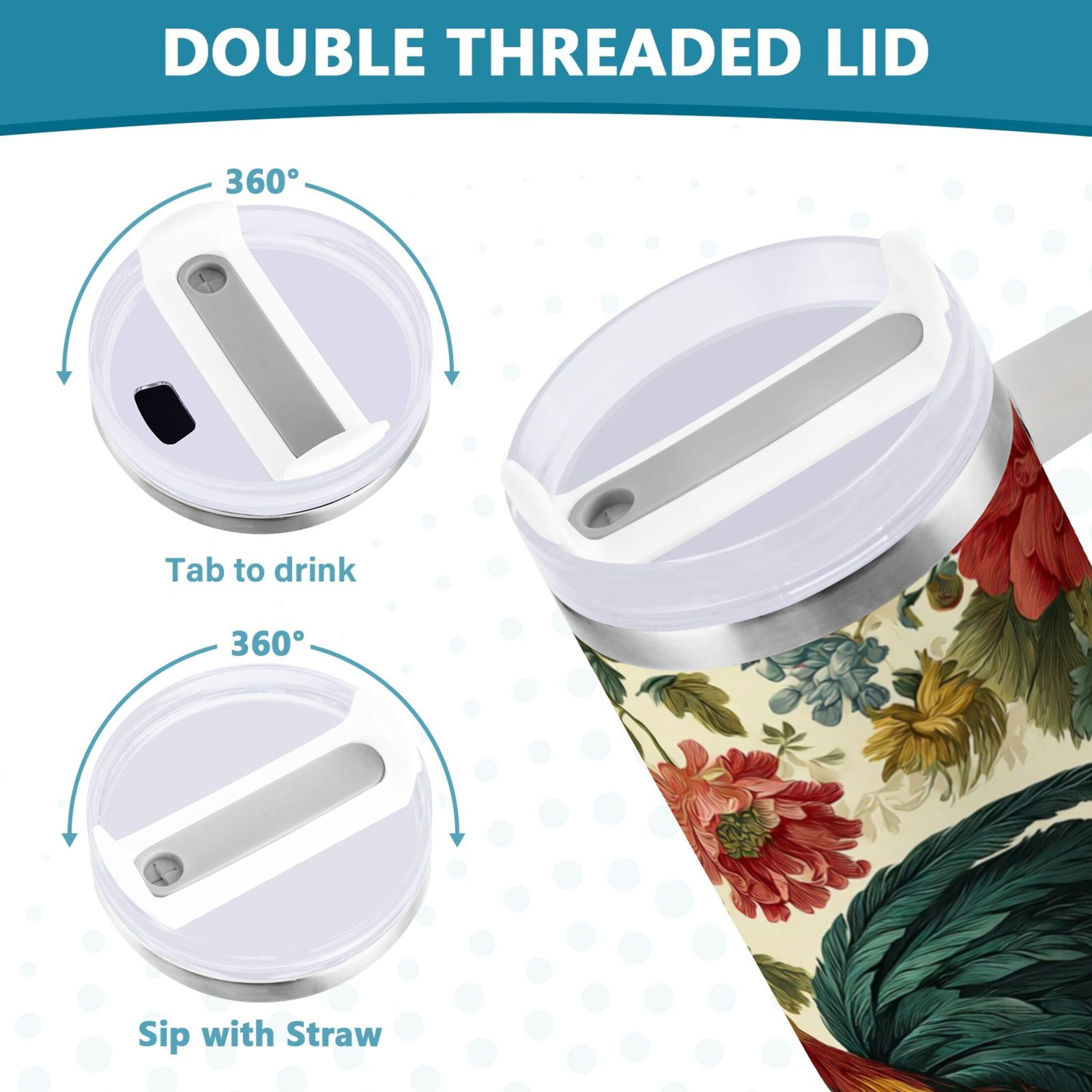 40 oz Insulated Stainless Steel Tumbler Double Wall Stainless Steel Tumbler with 2-Way Drinking Rooster and Vintage Floral - Choice 640