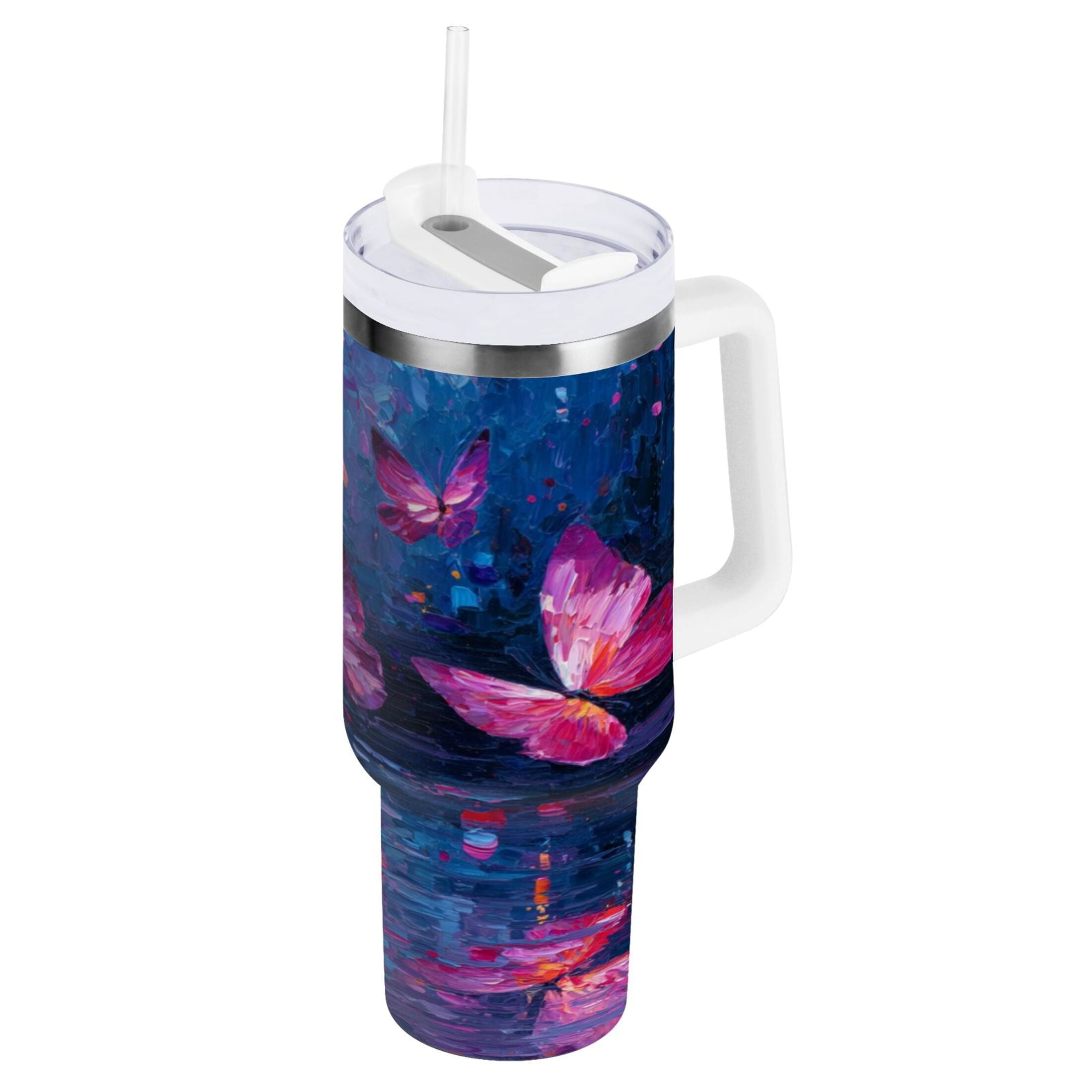 40 oz Insulated Stainless Steel Tumbler Double Wall Stainless Steel Tumbler with 2-Way Drinking Night Scene and Butterflies - Choice 816