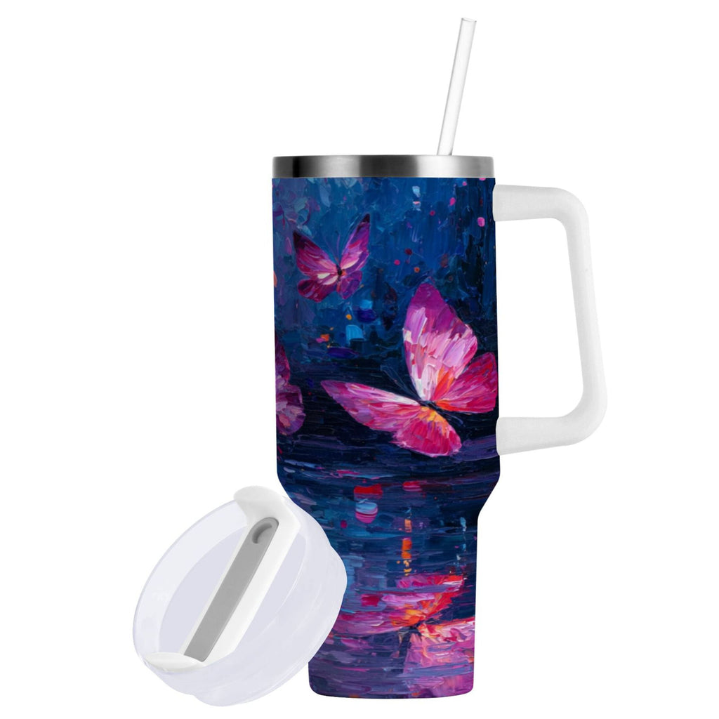 40 oz Insulated Stainless Steel Tumbler Double Wall Stainless Steel Tumbler with 2-Way Drinking Night Scene and Butterflies - Choice 816