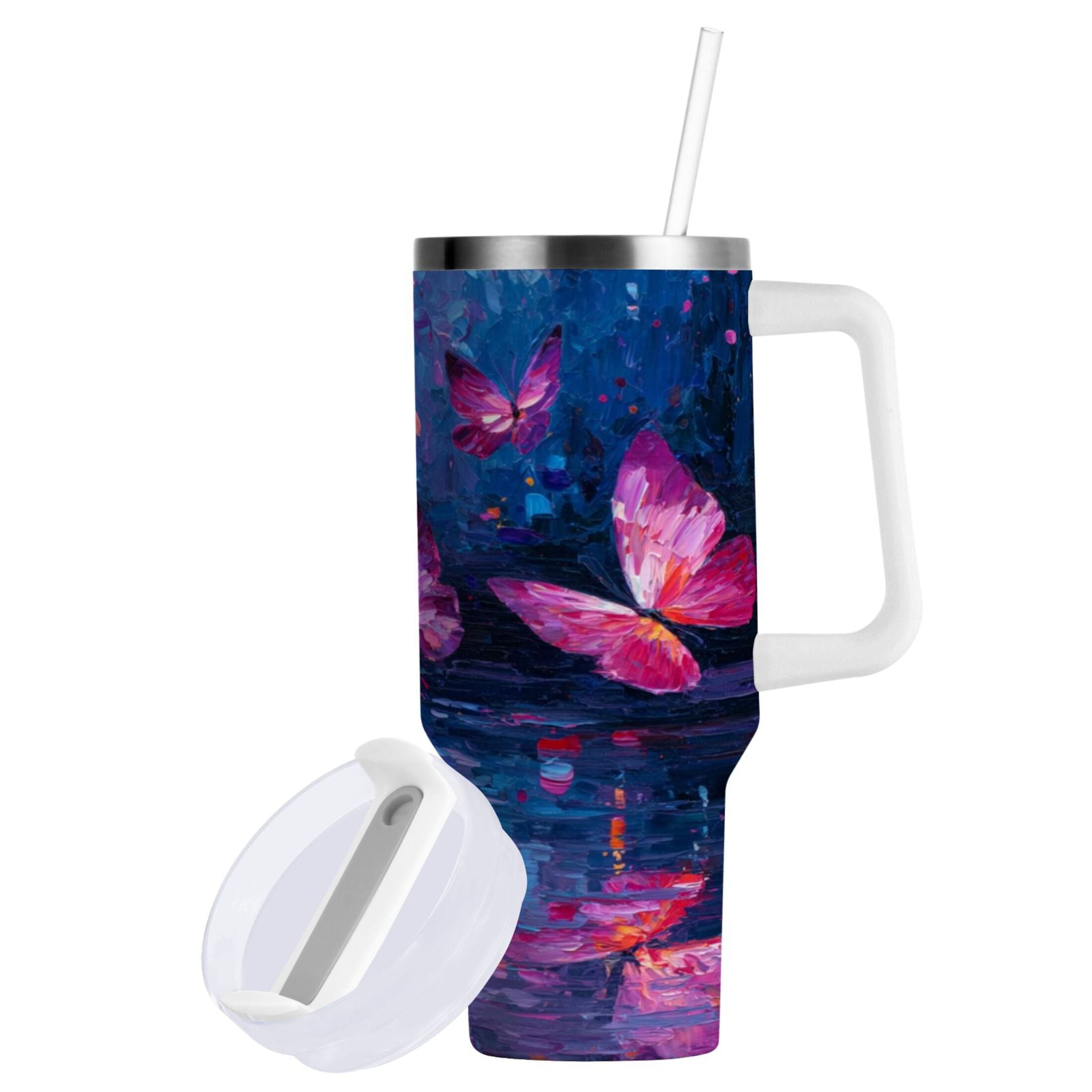 40 oz Insulated Stainless Steel Tumbler Double Wall Stainless Steel Tumbler with 2-Way Drinking Night Scene and Butterflies - Choice 816