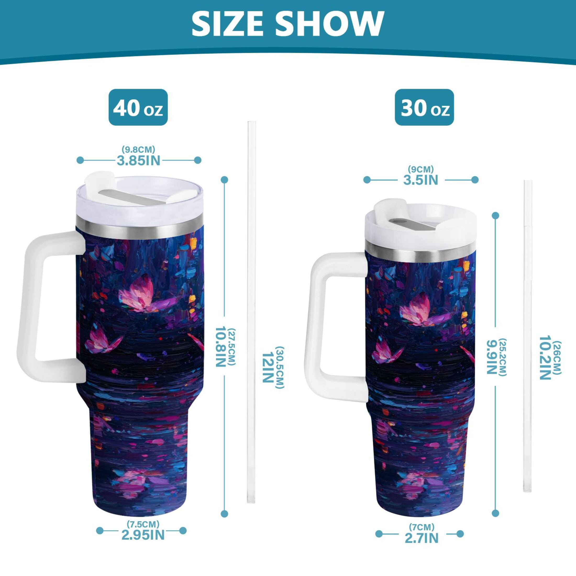 40 oz Insulated Stainless Steel Tumbler Double Wall Stainless Steel Tumbler with 2-Way Drinking Night Scene and Butterflies - Choice 816