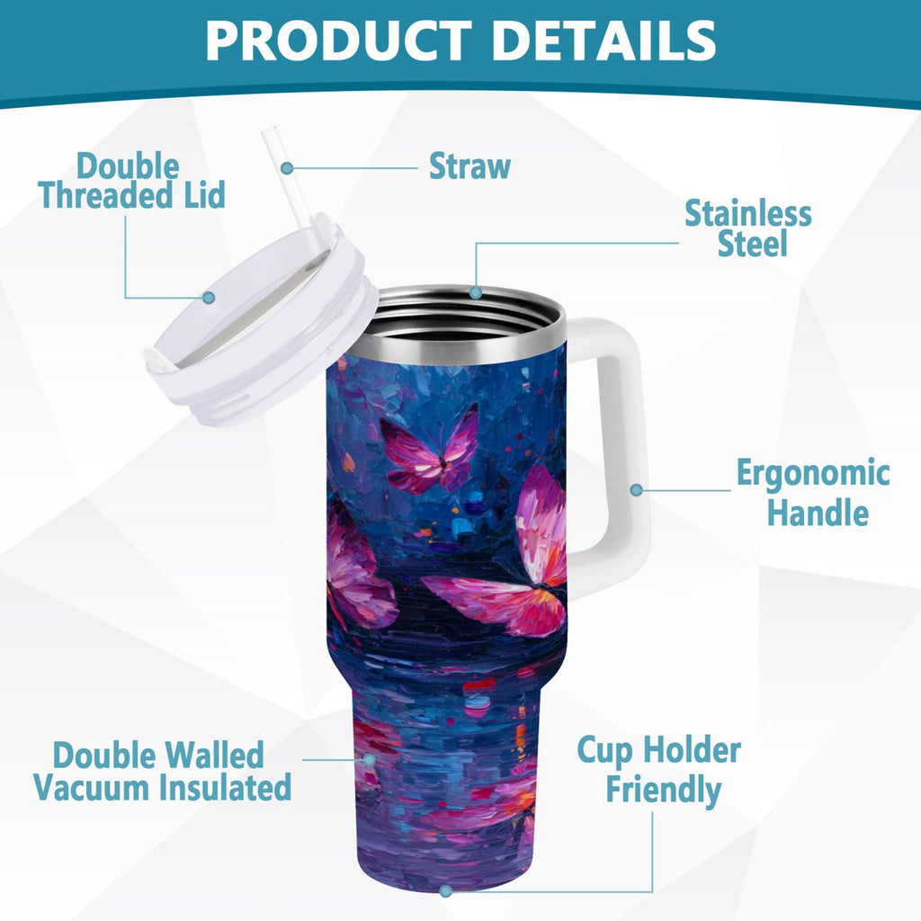 40 oz Insulated Stainless Steel Tumbler Double Wall Stainless Steel Tumbler with 2-Way Drinking Night Scene and Butterflies - Choice 816