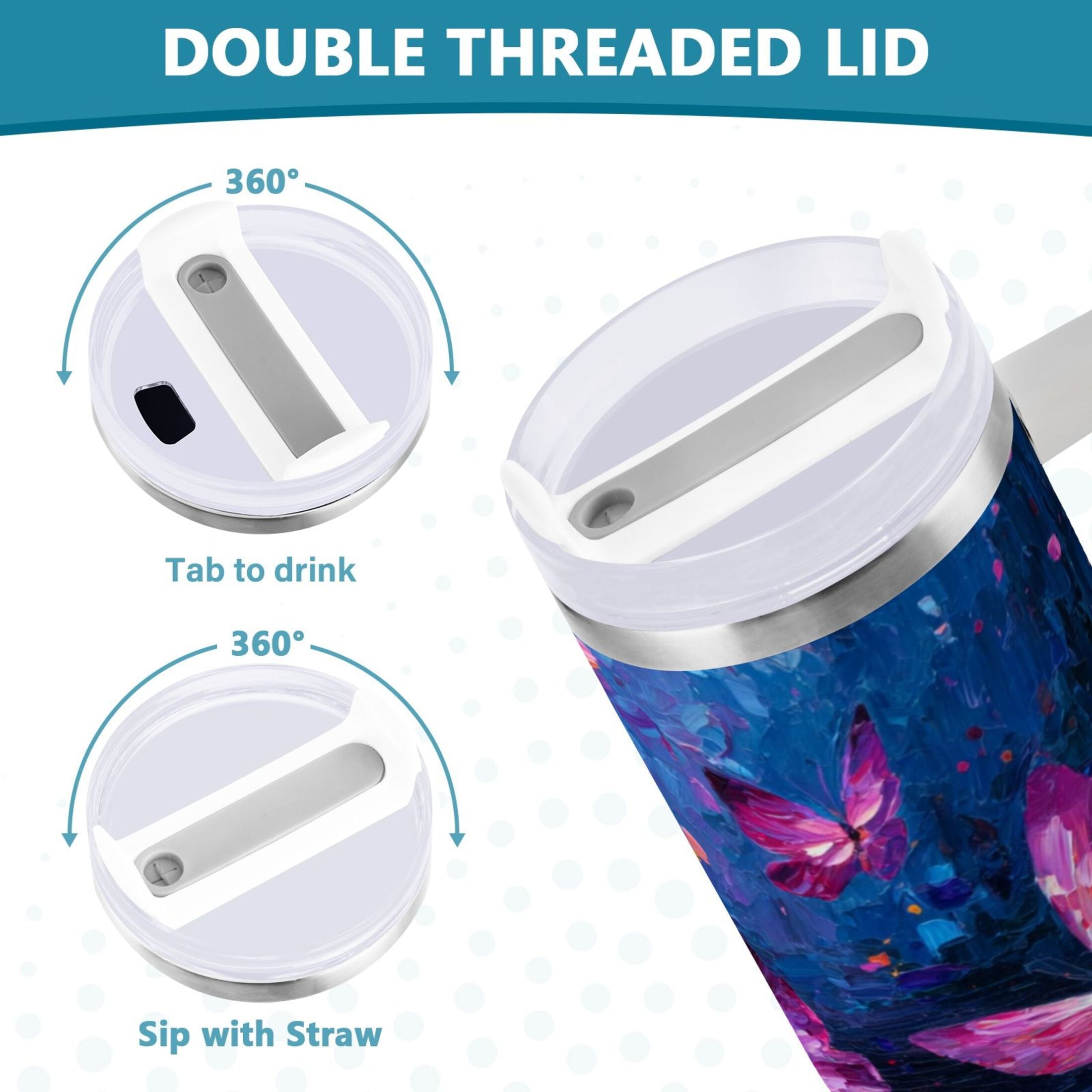 40 oz Insulated Stainless Steel Tumbler Double Wall Stainless Steel Tumbler with 2-Way Drinking Night Scene and Butterflies - Choice 816