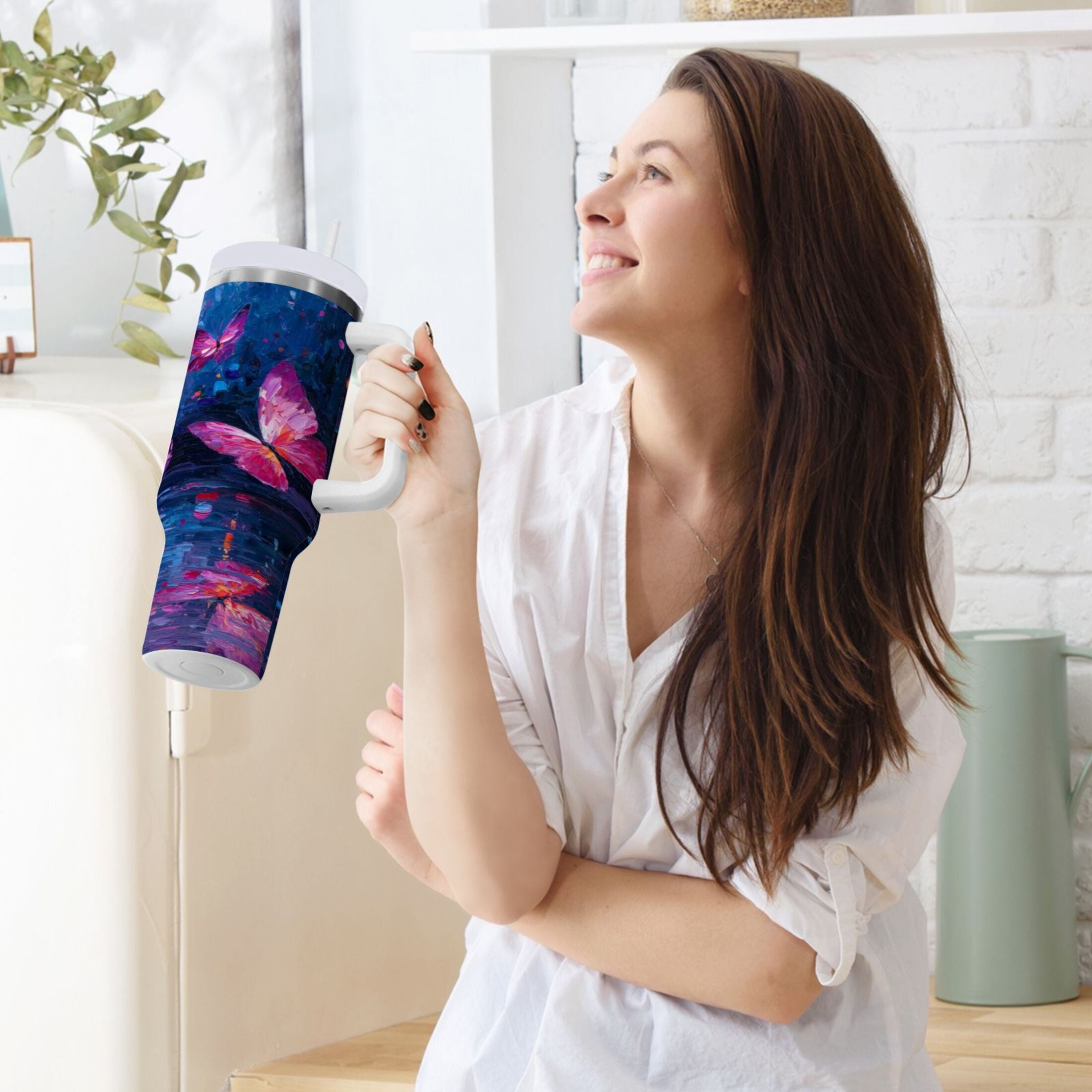 40 oz Insulated Stainless Steel Tumbler Double Wall Stainless Steel Tumbler with 2-Way Drinking Night Scene and Butterflies - Choice 816