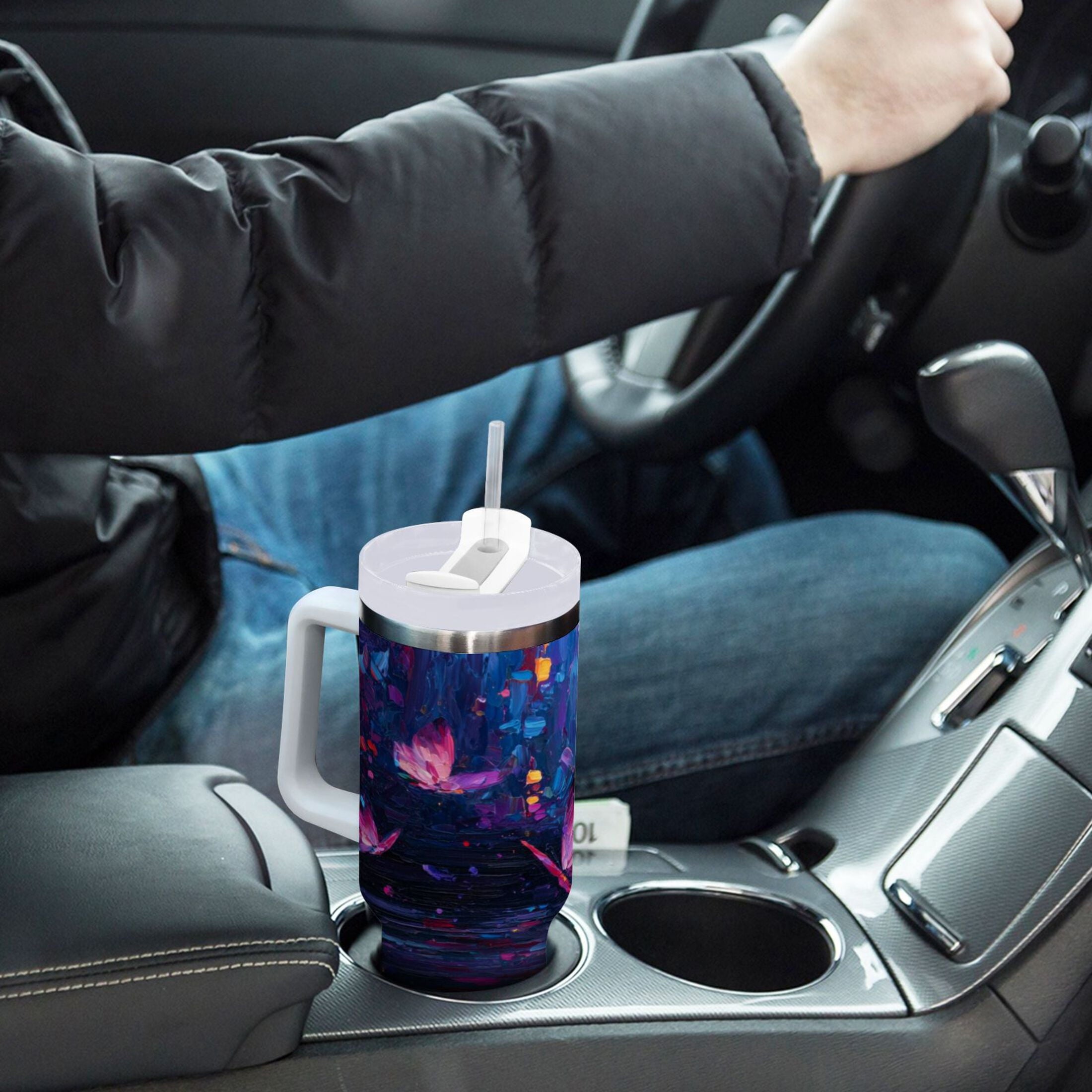 40 oz Insulated Stainless Steel Tumbler Double Wall Stainless Steel Tumbler with 2-Way Drinking Night Scene and Butterflies - Choice 816