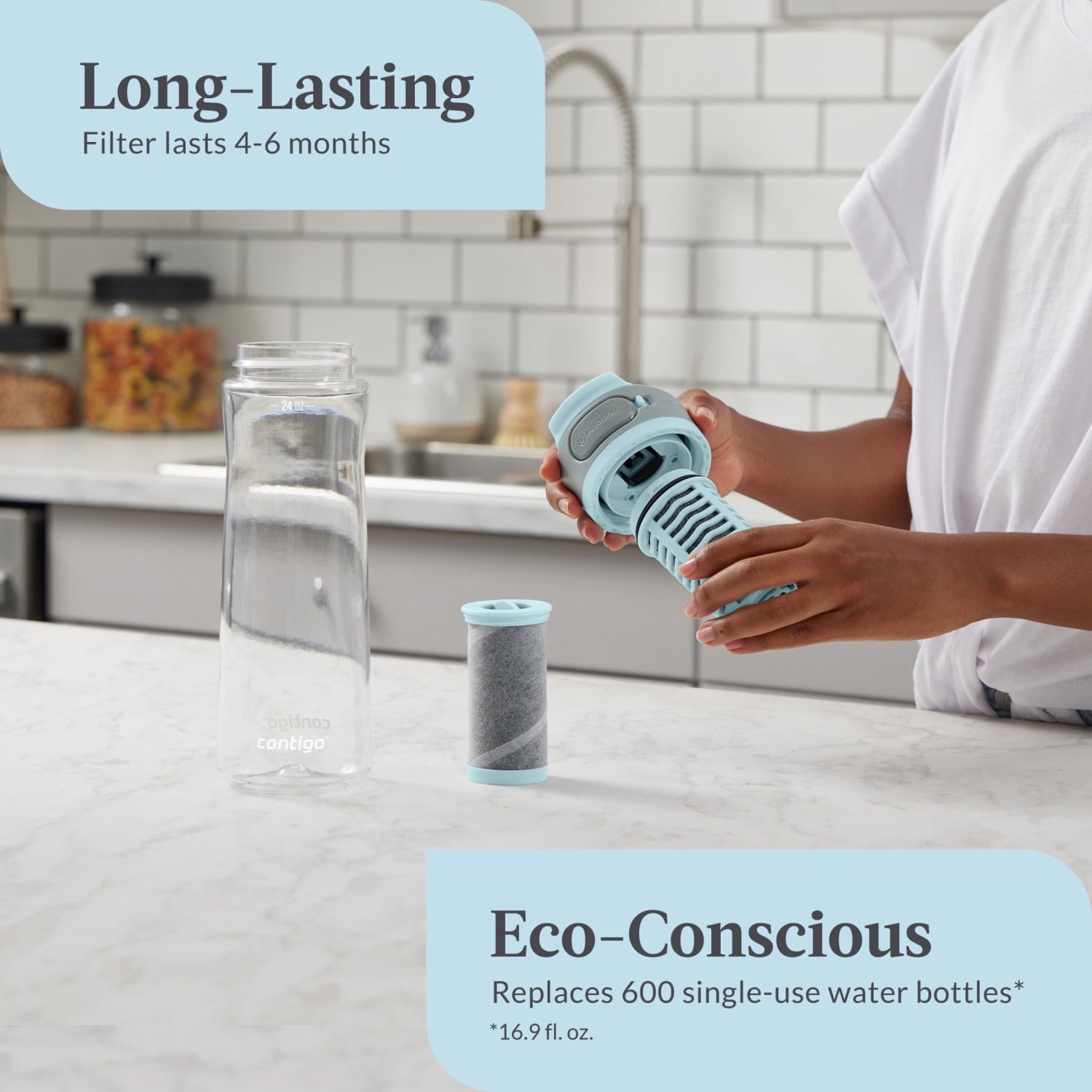 (2 pack) Contigo Clybourn Plastic FreeFlow Filter Water Bottle with AUTOSEAL Lid 24 oz., Salt, with Replacable Filter - Choice 758