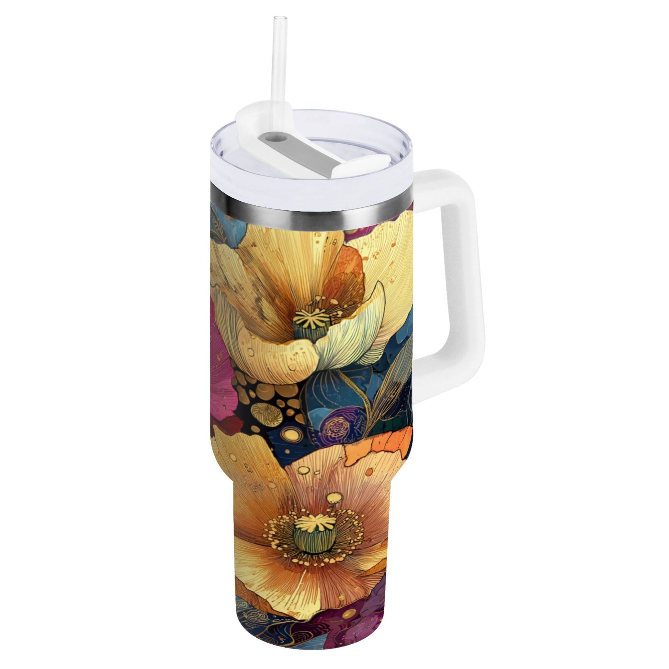 40 oz Insulated Stainless Steel Tumbler Double Wall Stainless Steel Tumbler with 2-Way Drinking Vibrant and Intricate Flowers - Choice 675