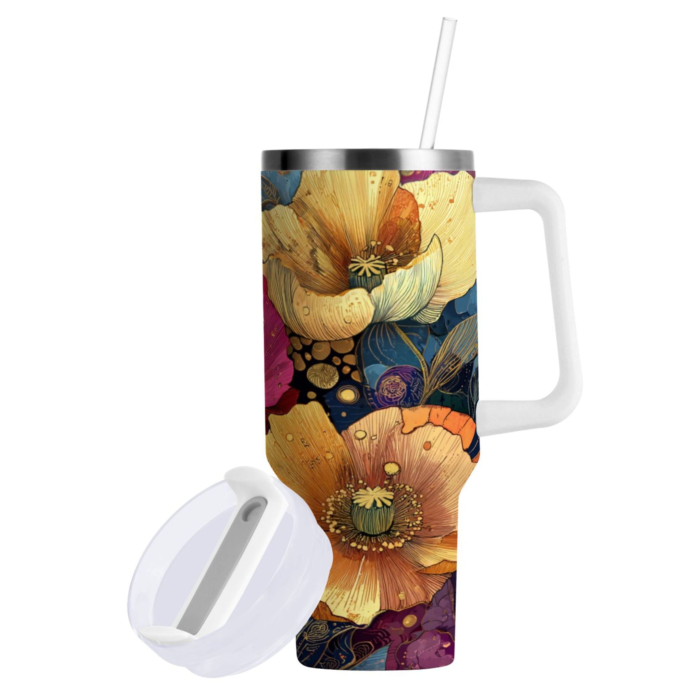 40 oz Insulated Stainless Steel Tumbler Double Wall Stainless Steel Tumbler with 2-Way Drinking Vibrant and Intricate Flowers - Choice 675