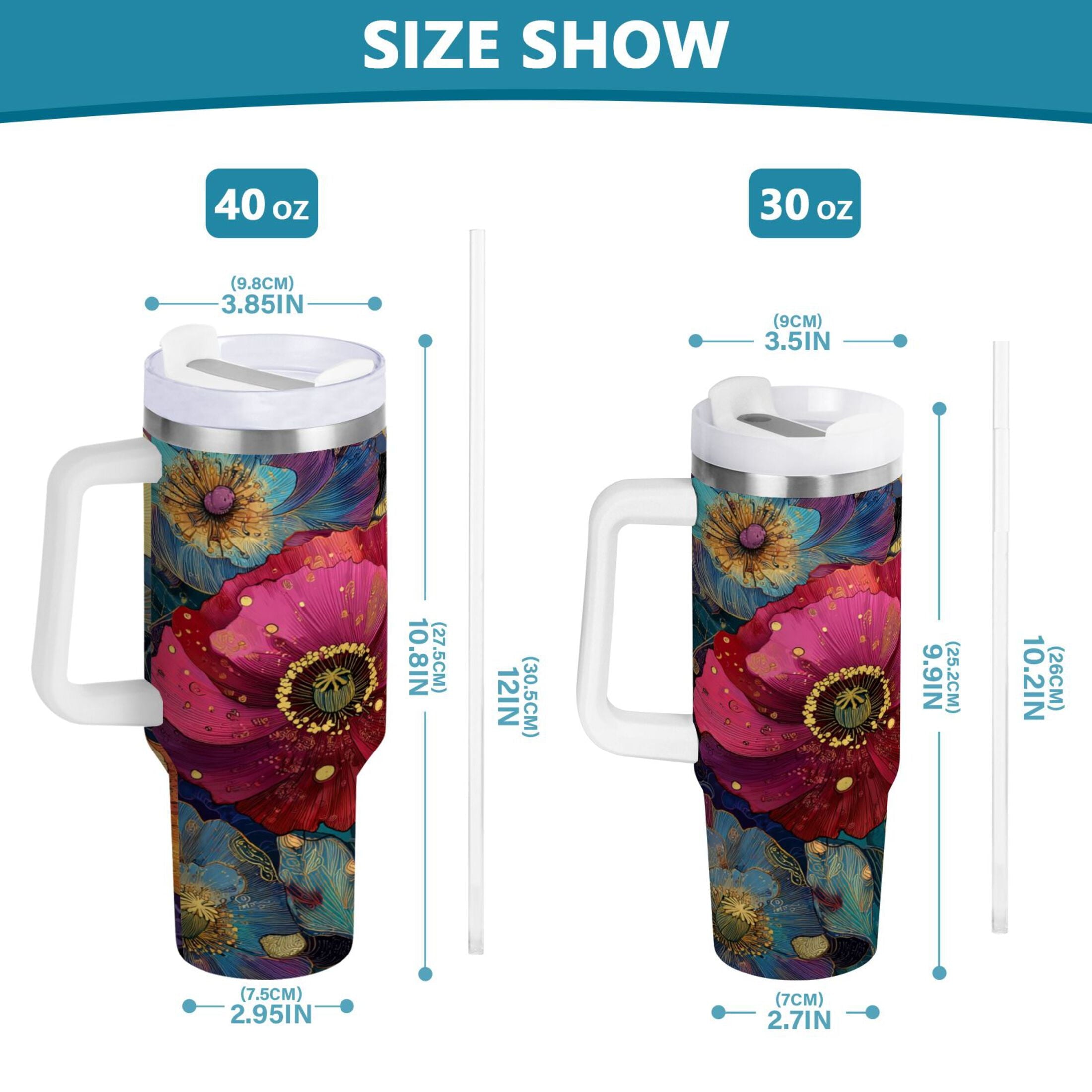 40 oz Insulated Stainless Steel Tumbler Double Wall Stainless Steel Tumbler with 2-Way Drinking Vibrant and Intricate Flowers - Choice 675