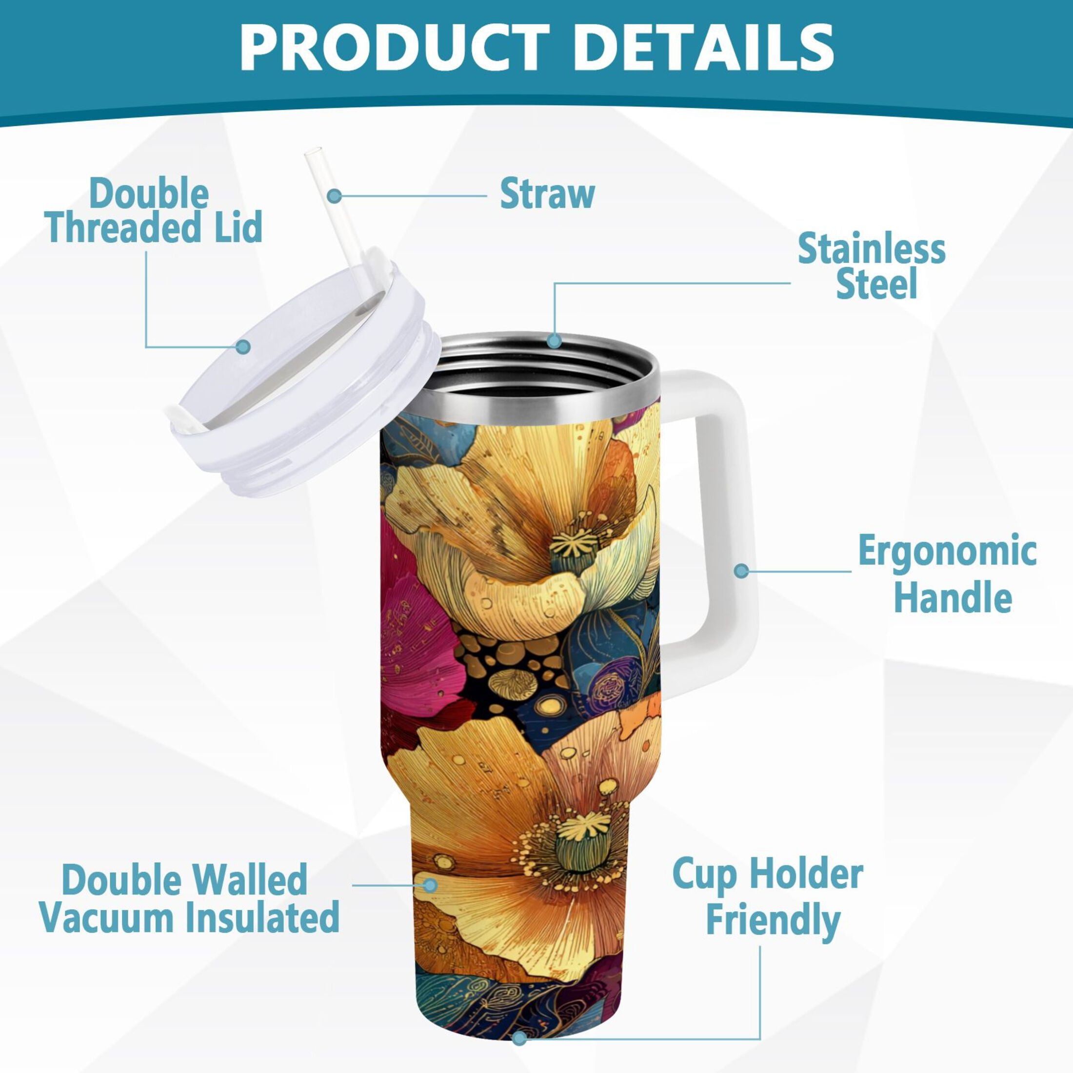 40 oz Insulated Stainless Steel Tumbler Double Wall Stainless Steel Tumbler with 2-Way Drinking Vibrant and Intricate Flowers - Choice 675
