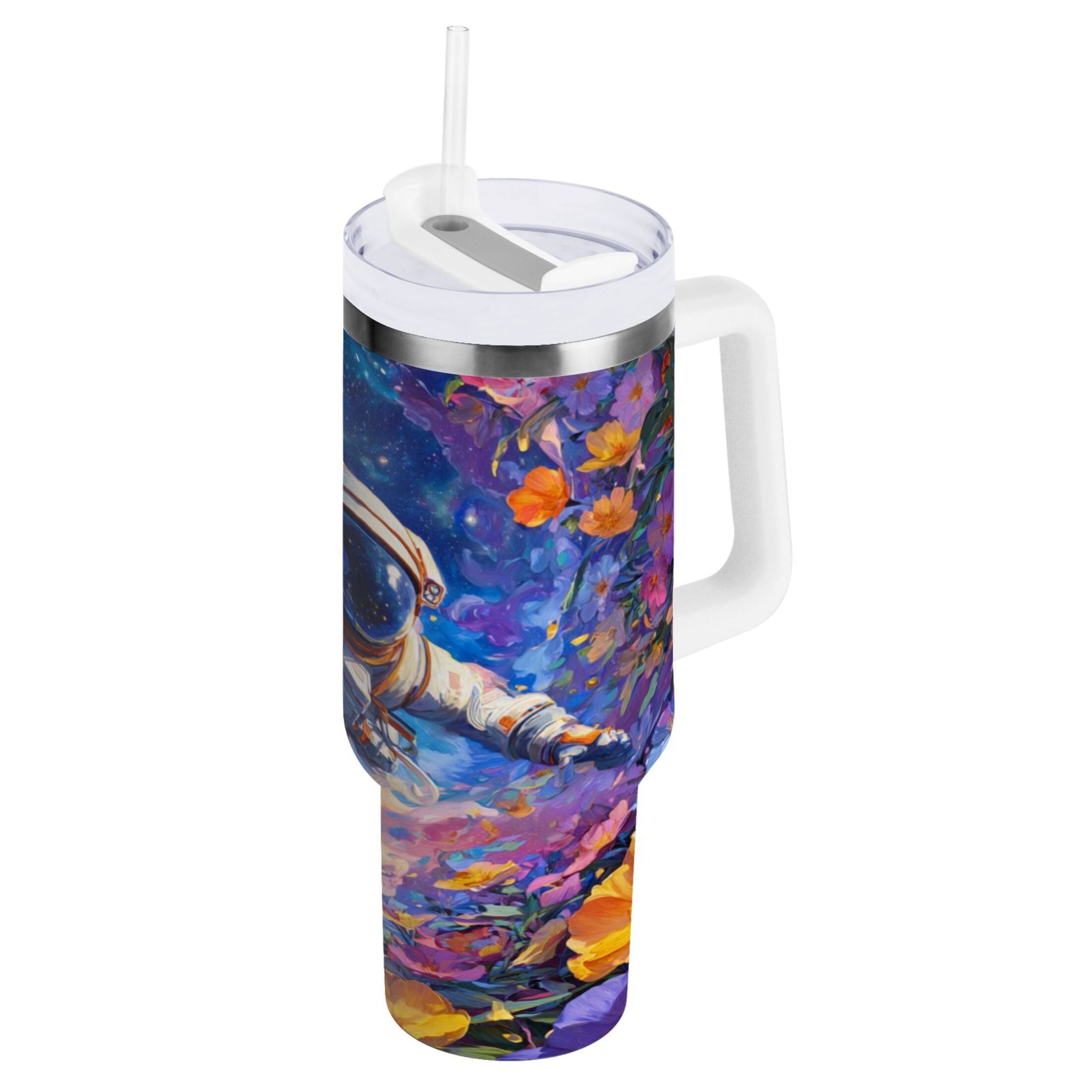 40 oz Insulated Stainless Steel Tumbler Double Wall Stainless Steel Tumbler with 2-Way Drinking Astronaut and Colorful Flowers - Choice 128