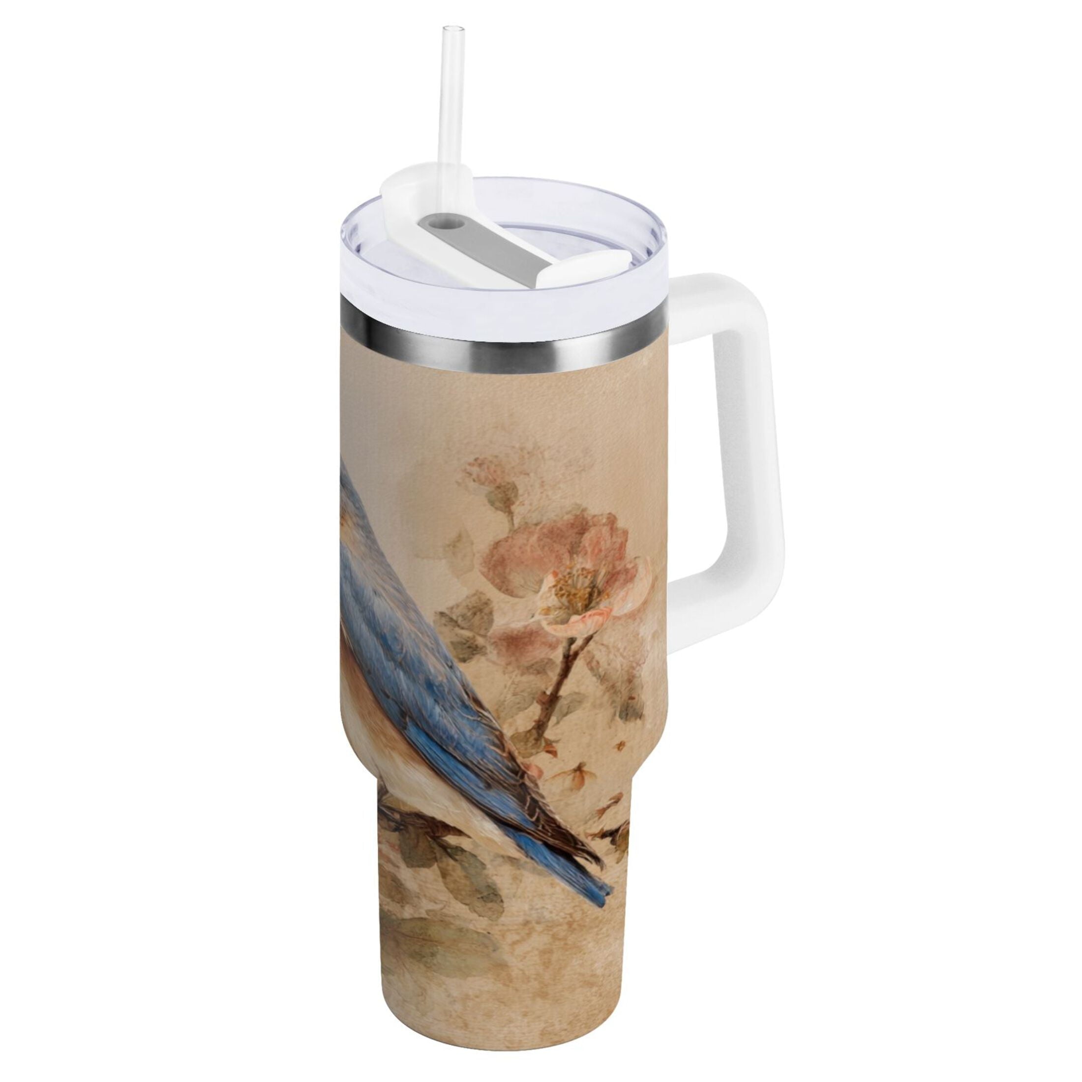 40 oz Insulated Stainless Steel Tumbler Double Wall Stainless Steel Tumbler with 2-Way Drinking Bluebird and Ancient Flowers - Choice 248