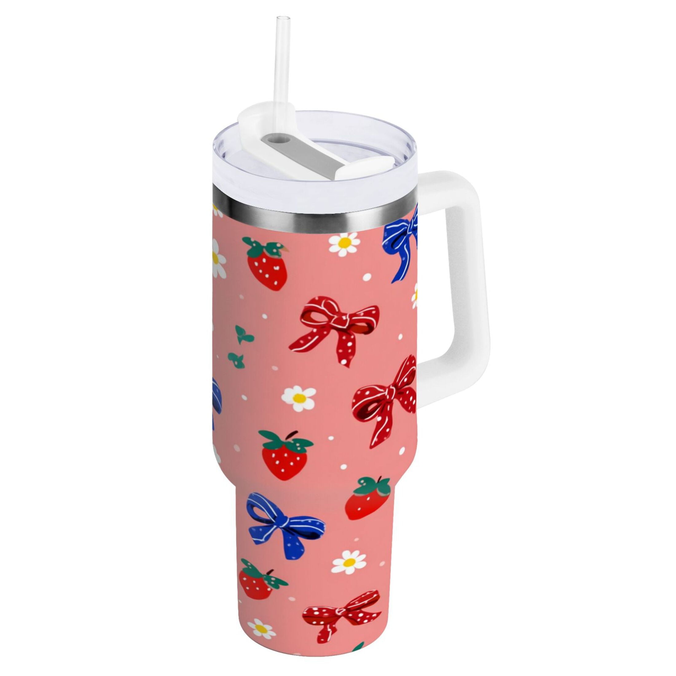 40 oz Insulated Stainless Steel Tumbler Double Wall Stainless Steel Tumbler with 2-Way Drinking Bows and Strawberries Pattern - Choice 232