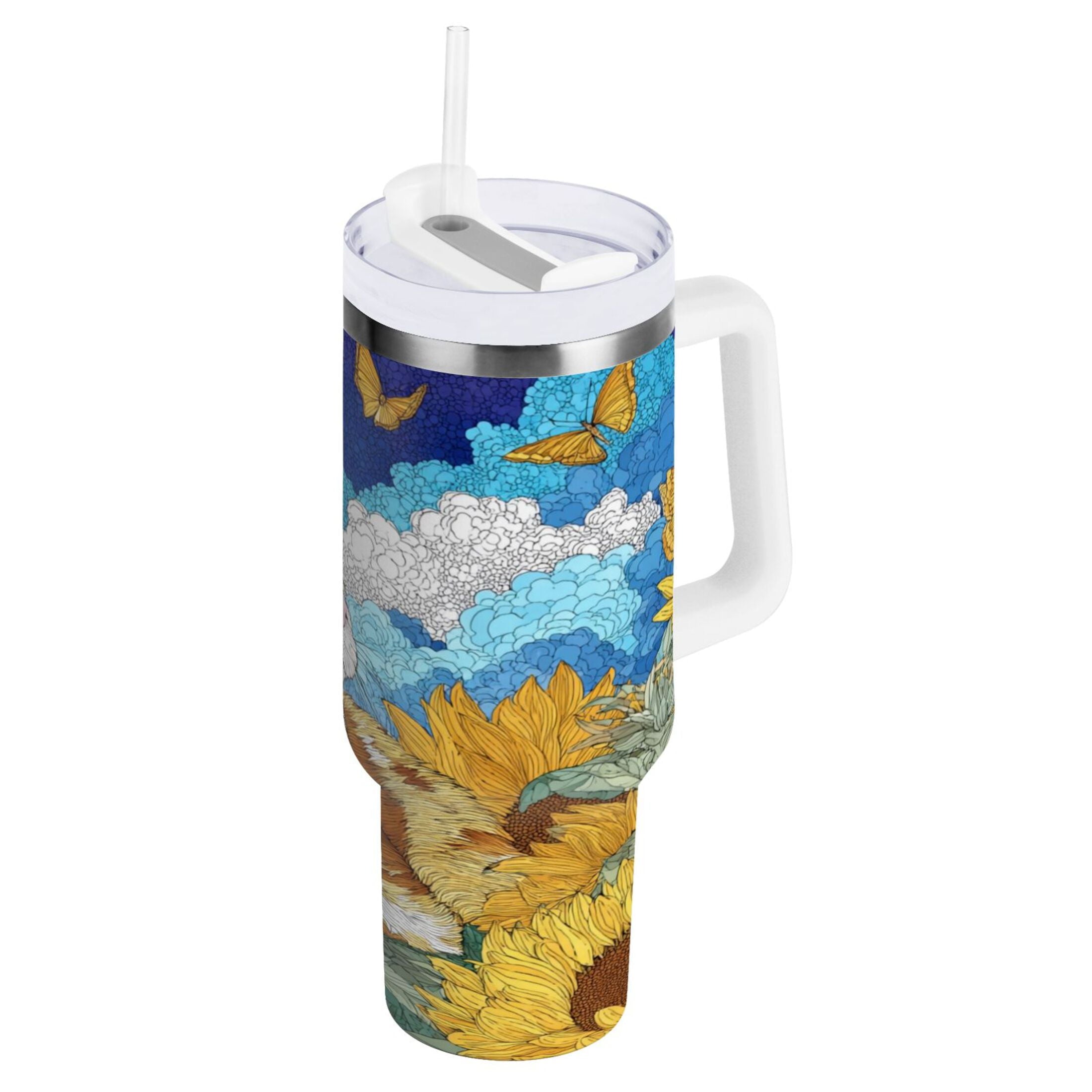 40 oz Insulated Stainless Steel Tumbler Double Wall Stainless Steel Tumbler with 2-Way Drinking Cat Lies in The Sunflowers - Choice 530