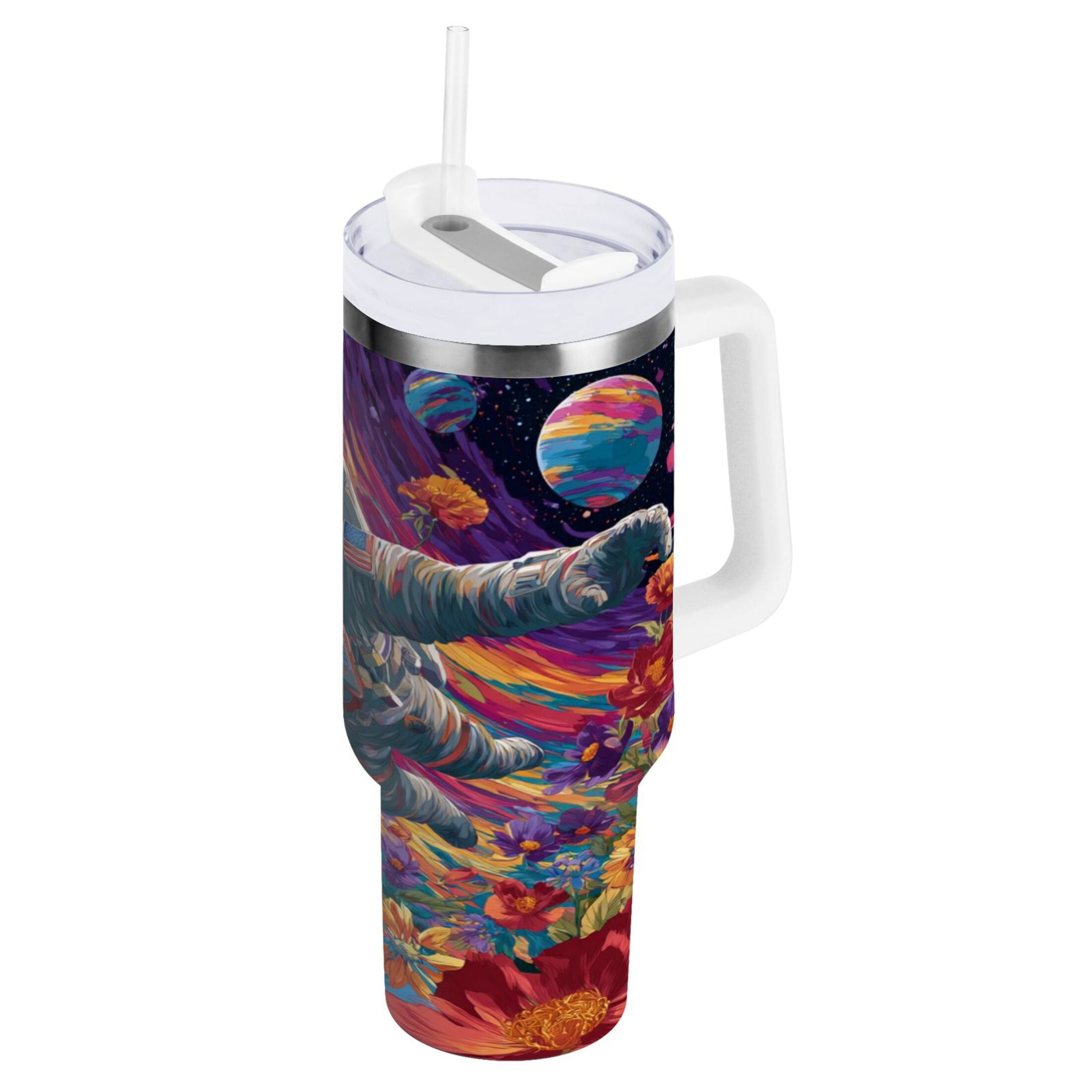 40 oz Insulated Stainless Steel Tumbler Double Wall Stainless Steel Tumbler with 2-Way Drinking Colorful Flowers and Planets - Choice 649