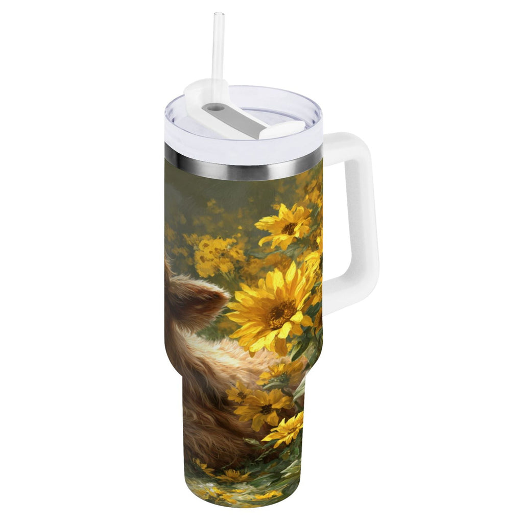 40 oz Insulated Stainless Steel Tumbler Double Wall Stainless Steel Tumbler with 2-Way Drinking Cow Lying in Sunflowers - Choice 453