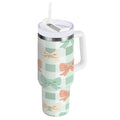 40 oz Insulated Stainless Steel Tumbler Double Wall Stainless Steel Tumbler with 2-Way Drinking Green and Peach Bow Pattern - Choice 304