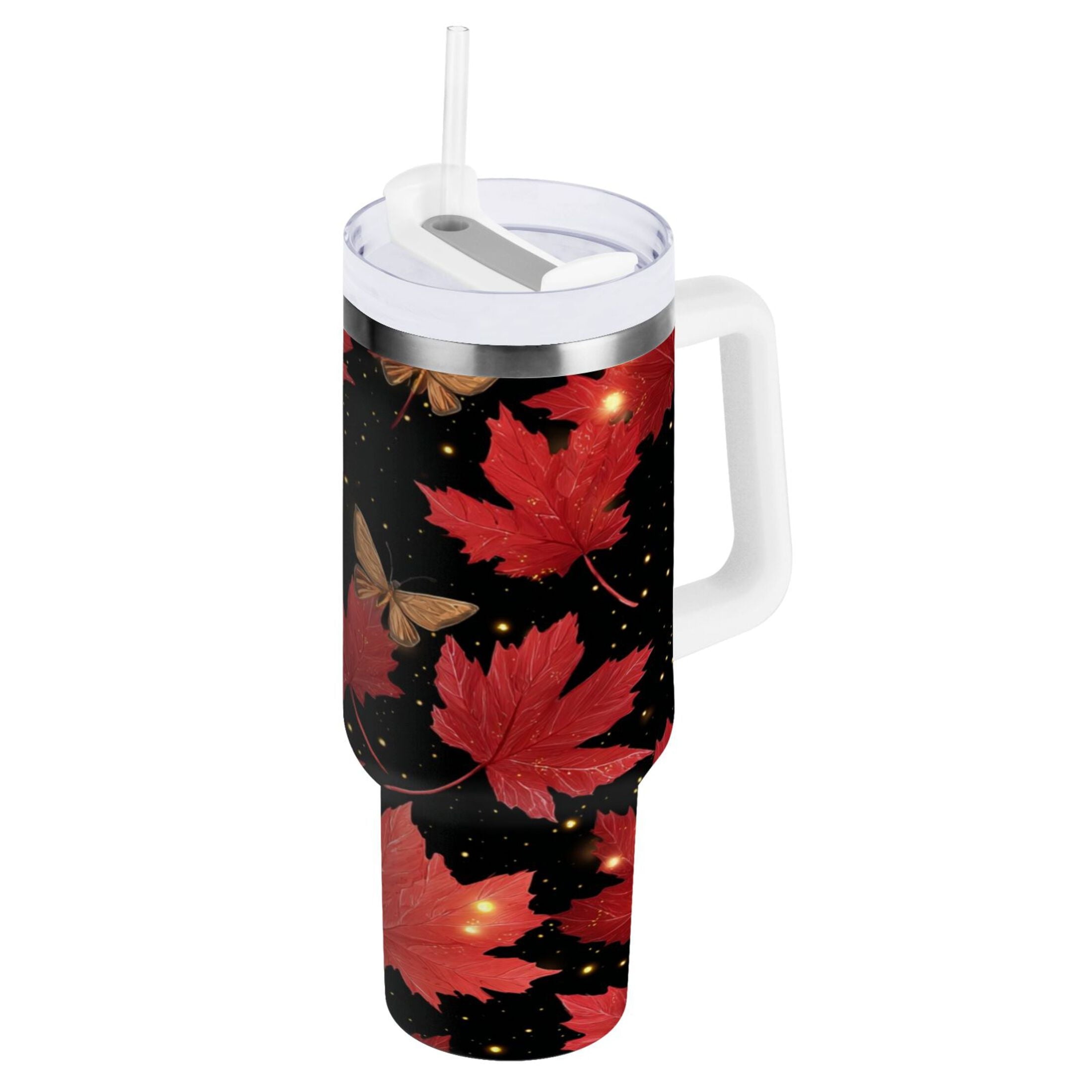 40 oz Insulated Stainless Steel Tumbler Double Wall Stainless Steel Tumbler with 2-Way Drinking Maple Leaves and Fireflies - Choice 258
