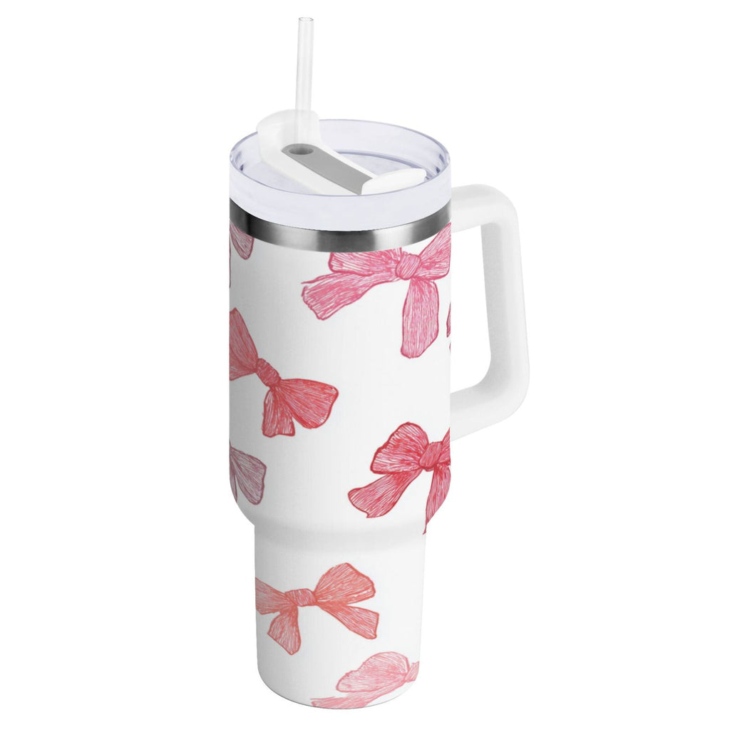 40 oz Insulated Stainless Steel Tumbler Double Wall Stainless Steel Tumbler with 2-Way Drinking Pink Bows Pattern - Choice 914