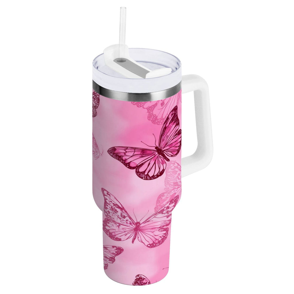 40 oz Insulated Stainless Steel Tumbler Double Wall Stainless Steel Tumbler with 2-Way Drinking Pink Butterfly Pattern - Choice 429