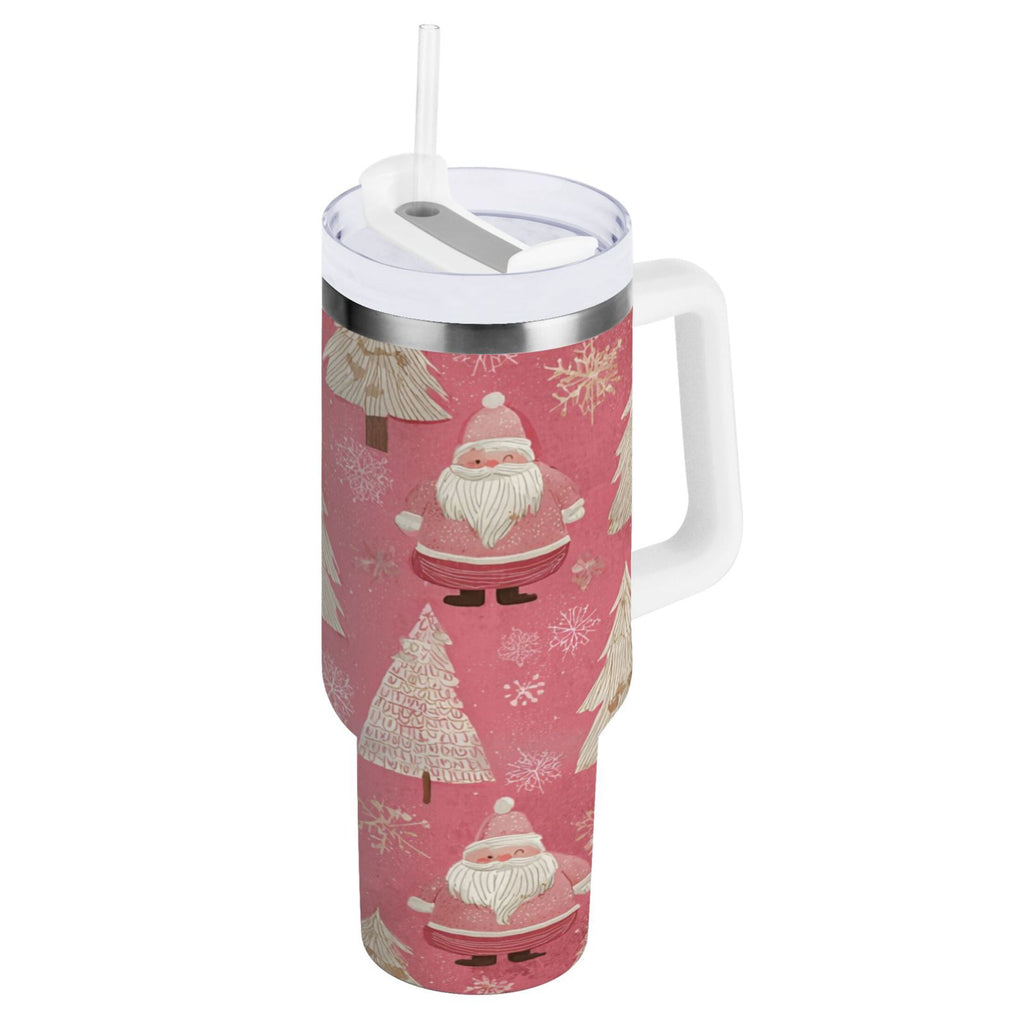 40 oz Insulated Stainless Steel Tumbler Double Wall Stainless Steel Tumbler with 2-Way Drinking Pink Santa Claus Pattern - Choice 245