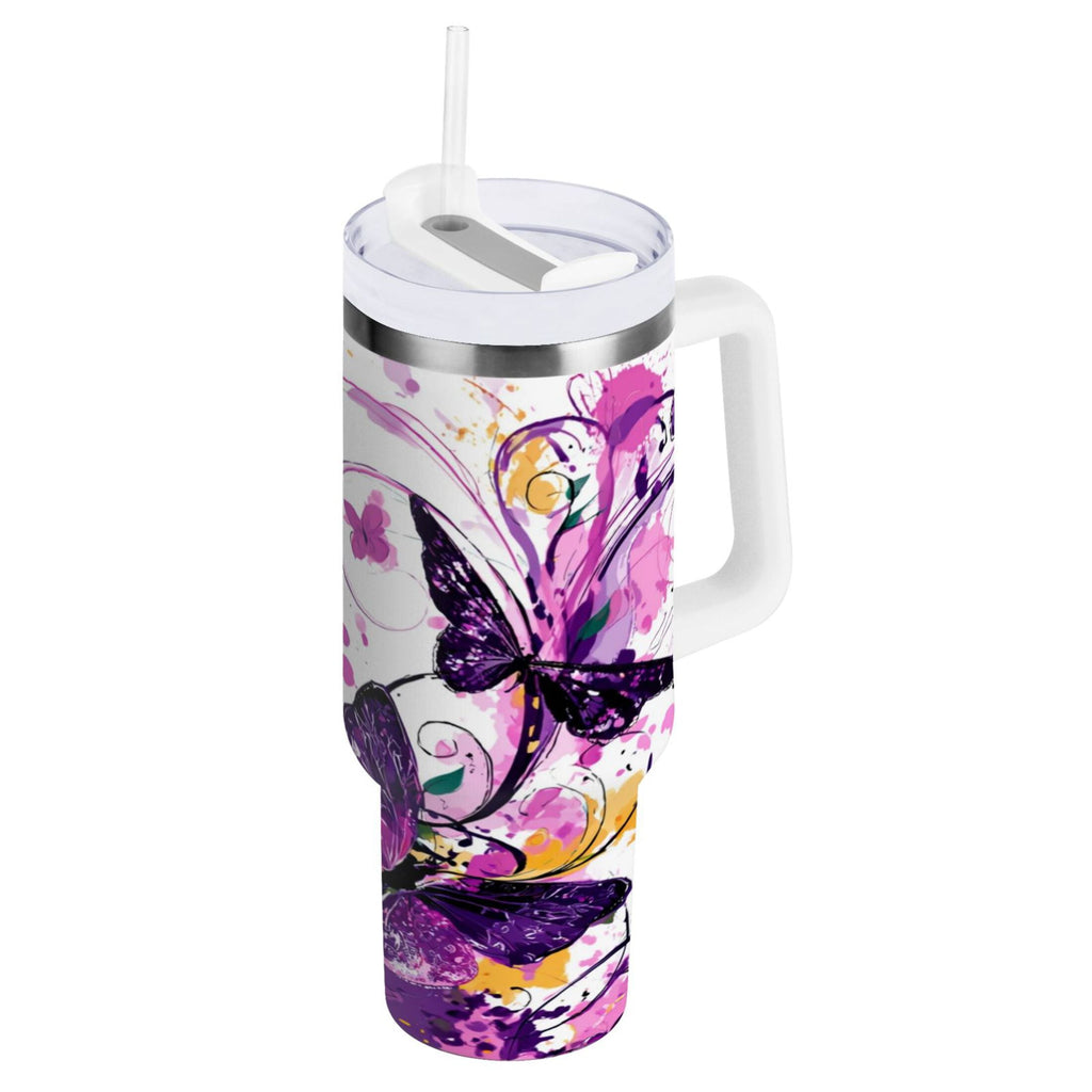 40 oz Insulated Stainless Steel Tumbler Double Wall Stainless Steel Tumbler with 2-Way Drinking Purple Butterfly - Choice 224