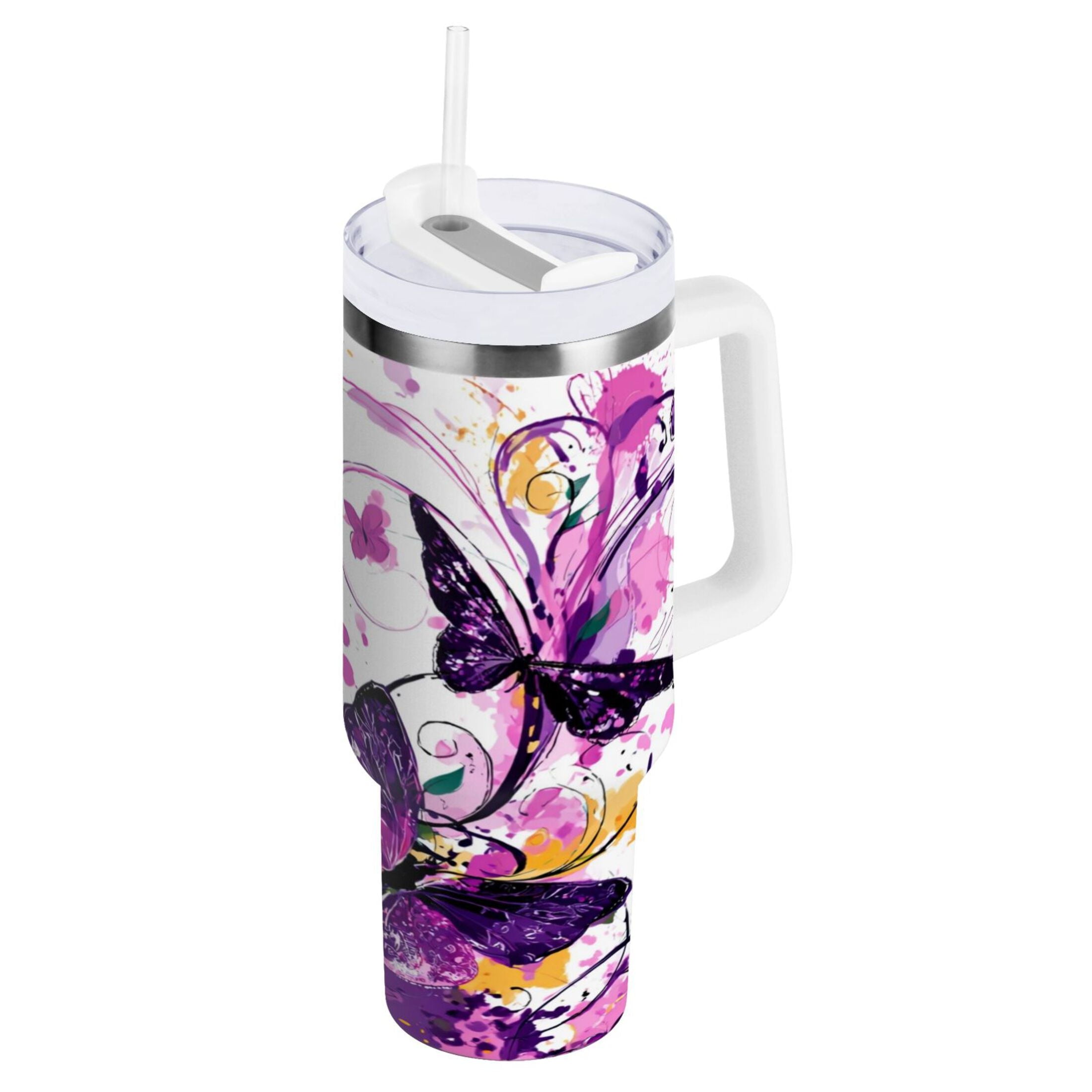 40 oz Insulated Stainless Steel Tumbler Double Wall Stainless Steel Tumbler with 2-Way Drinking Purple Butterfly - Choice 224