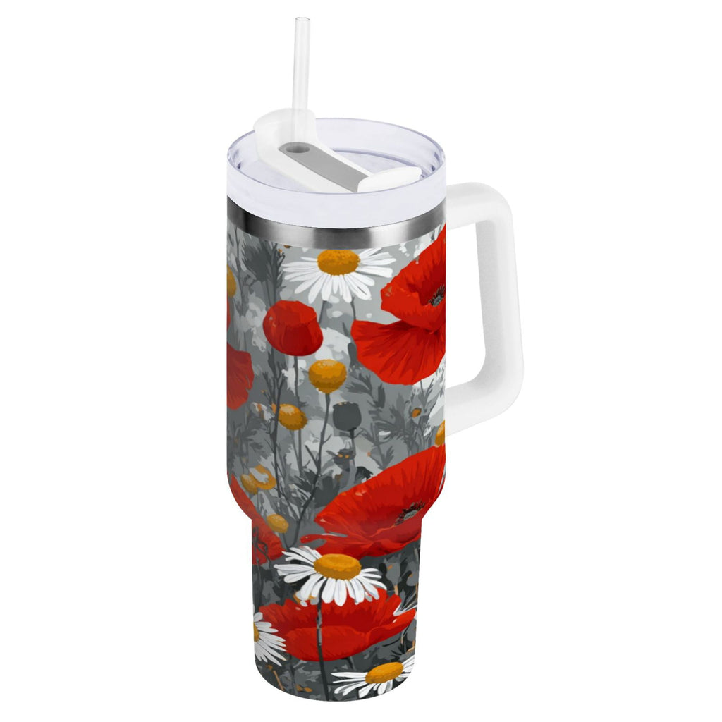 40 oz Insulated Stainless Steel Tumbler Double Wall Stainless Steel Tumbler with 2-Way Drinking Red Flowers and Daisies - Choice 804