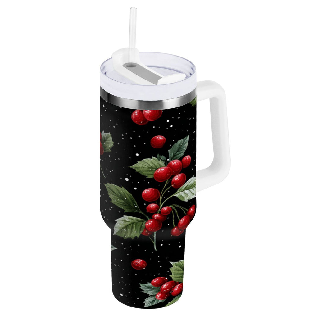 40 oz Insulated Stainless Steel Tumbler Double Wall Stainless Steel Tumbler with 2-Way Drinking Red Holly Berries Pattern - Choice 512