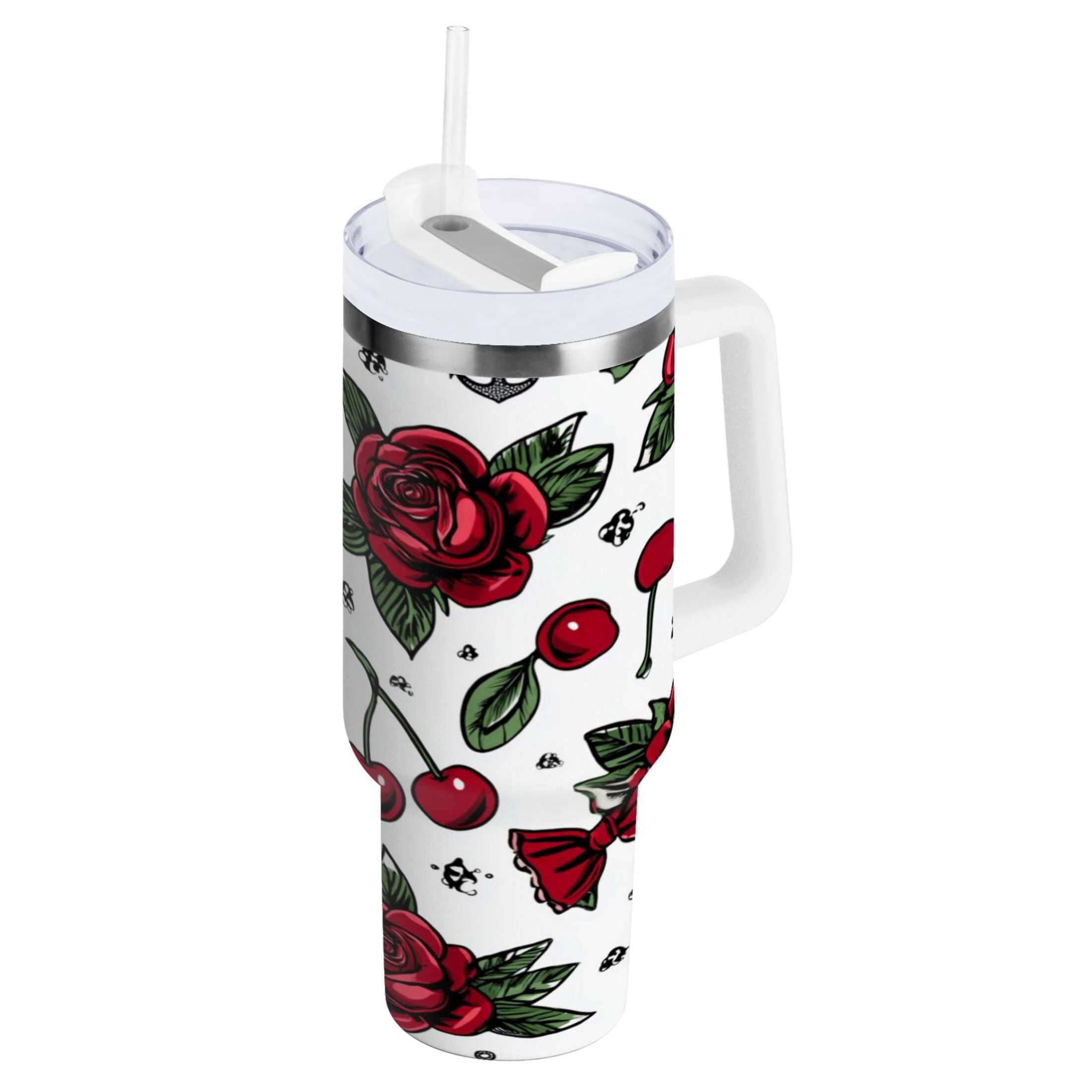40 oz Insulated Stainless Steel Tumbler Double Wall Stainless Steel Tumbler with 2-Way Drinking Red Roses and Cherries - Choice 537