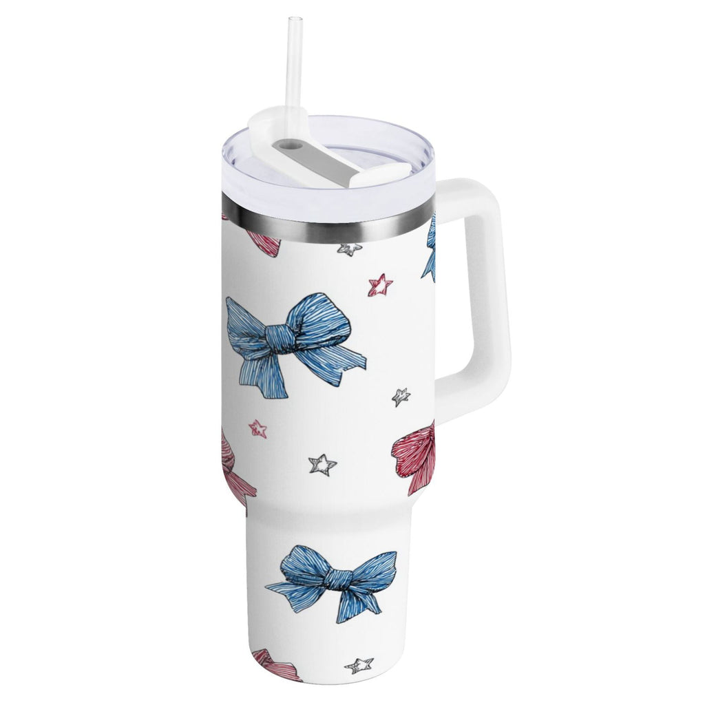 40 oz Insulated Stainless Steel Tumbler Double Wall Stainless Steel Tumbler with 2-Way Drinking Red and Blue Stripes Bows - Choice 936