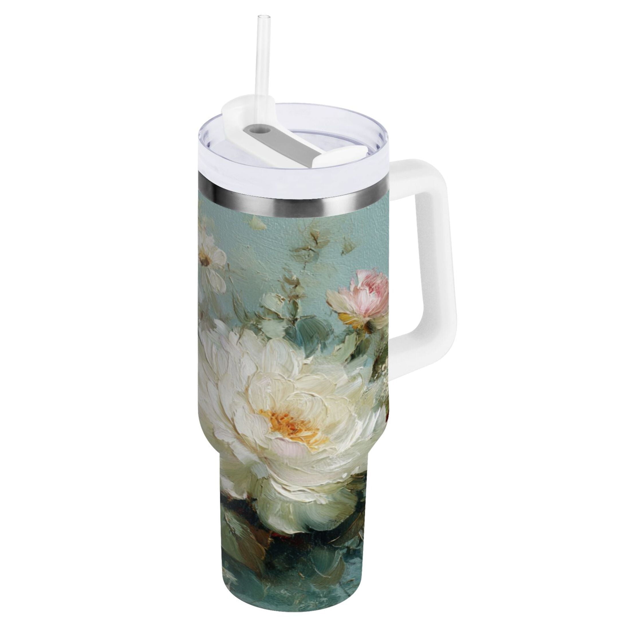 40 oz Insulated Stainless Steel Tumbler Double Wall Stainless Steel Tumbler with 2-Way Drinking Vintage Peonies and Daisies - Choice 233